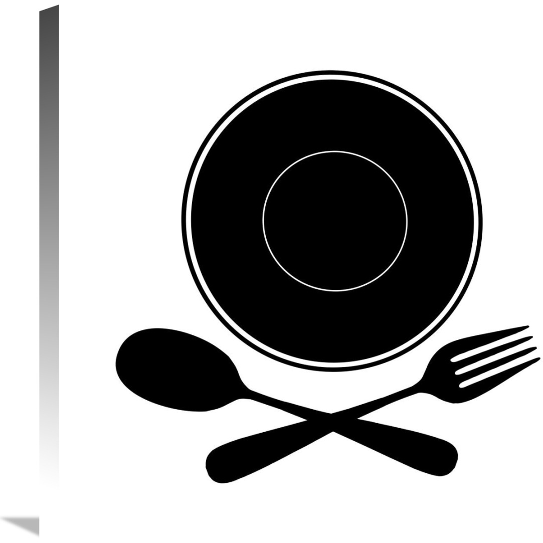 Mealtime Black on White - Plate with Crossed Cutlery-Canvas Art-24&quotx24"