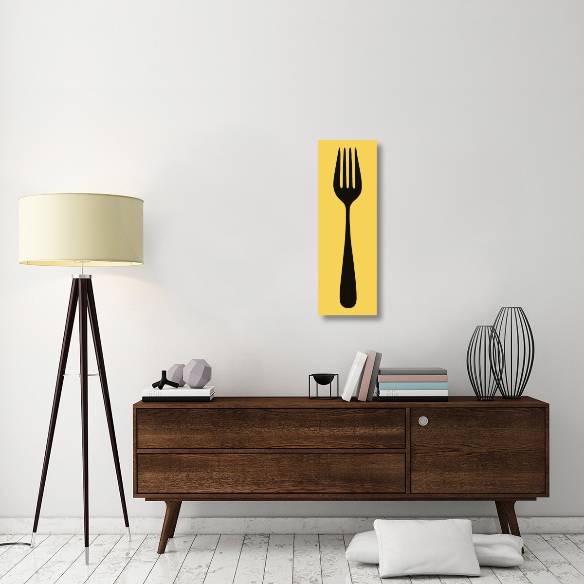 Mealtime Black on Yellow - Fork-Canvas Art-12&quotx36"