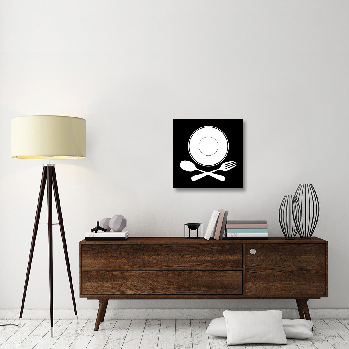 Mealtime White on Black - Plate with Crossed Cutlery-Canvas Art-24&quotx24"