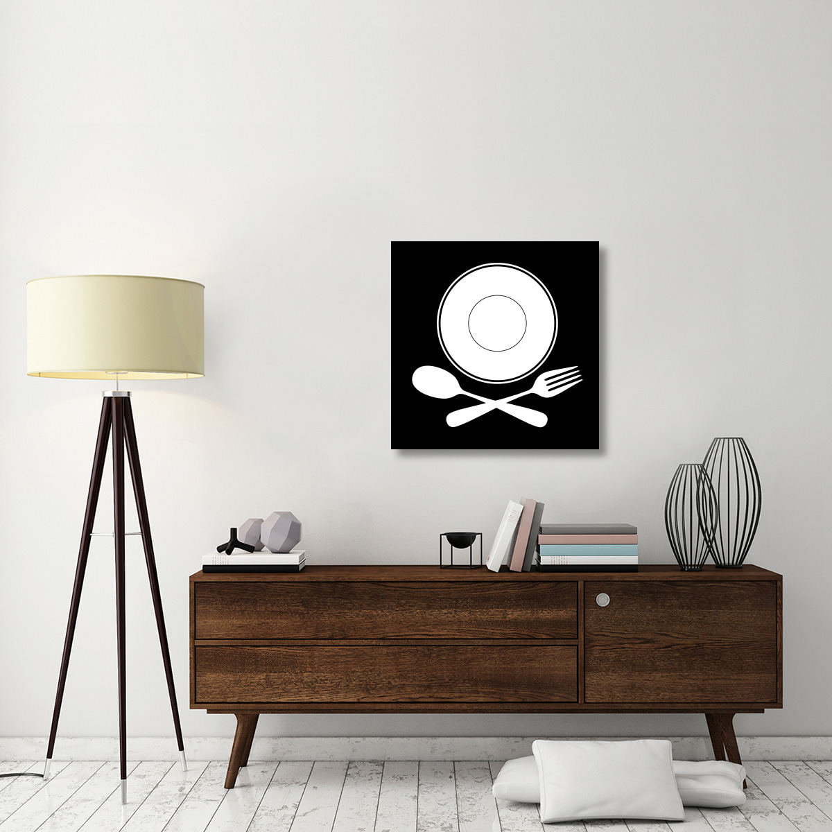 Mealtime White on Black - Plate with Crossed Cutlery-Canvas Art-30&quotx30"