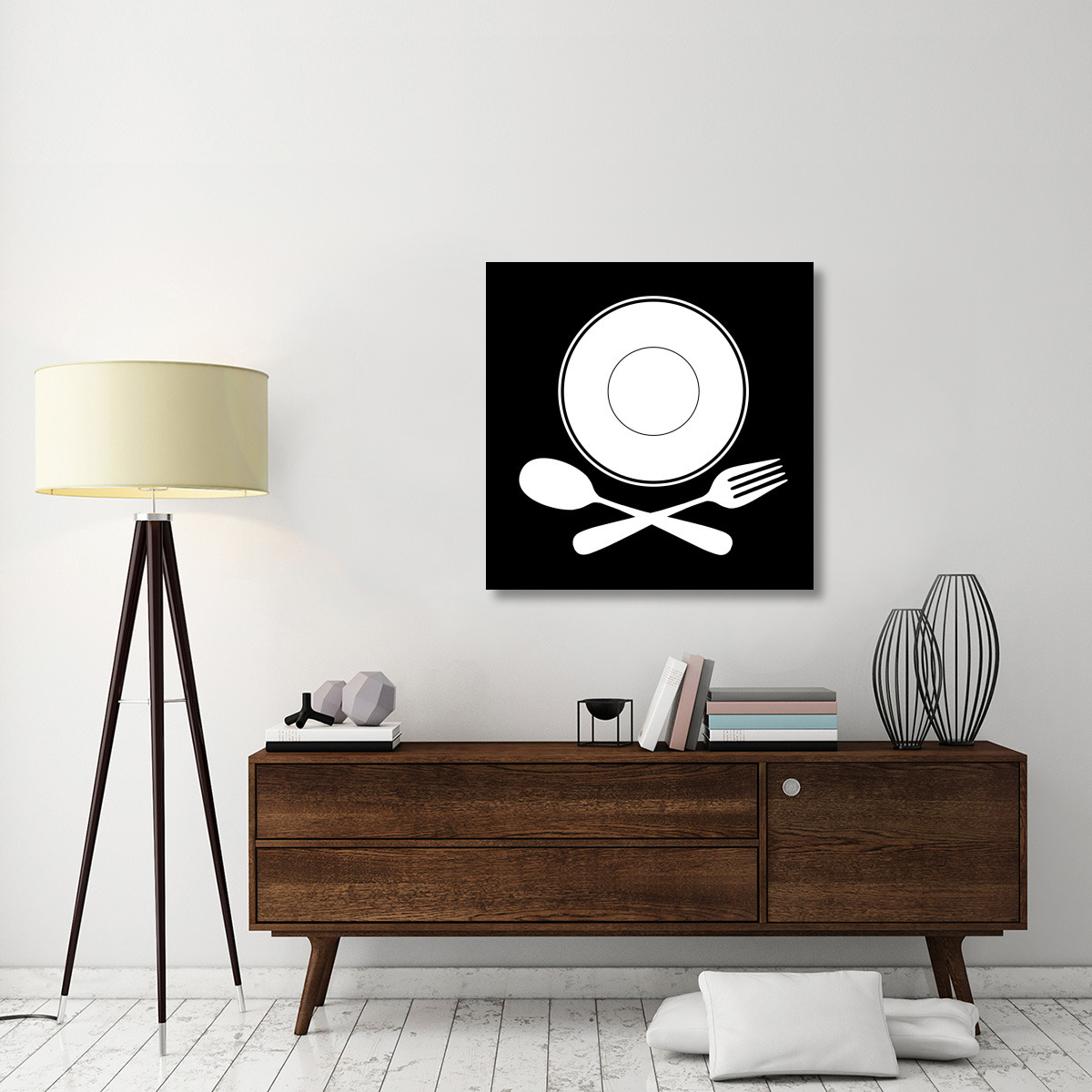 Mealtime White on Black - Plate with Crossed Cutlery-Canvas Art-36&quotx36"