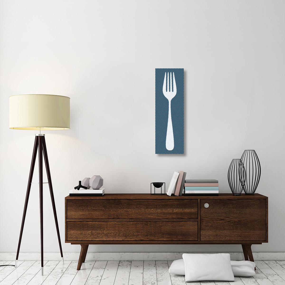 Mealtime White on Blue with Dots - Fork-Canvas Art-12&quotx36"