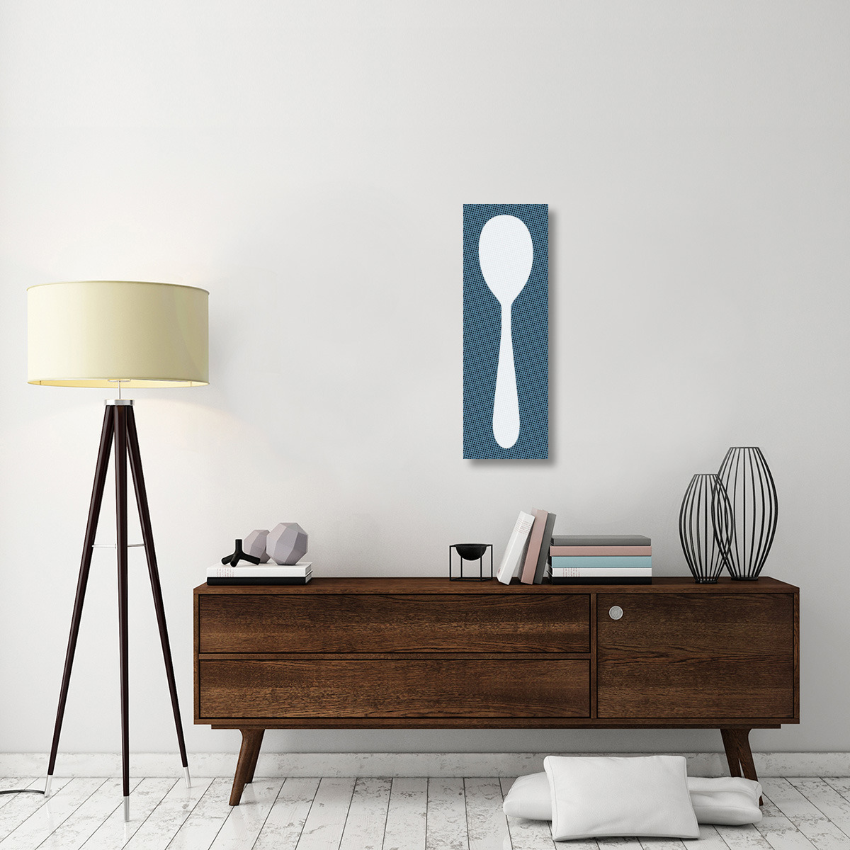 Mealtime White on Blue with Dots - Spoon-Canvas Art-12&quotx36"