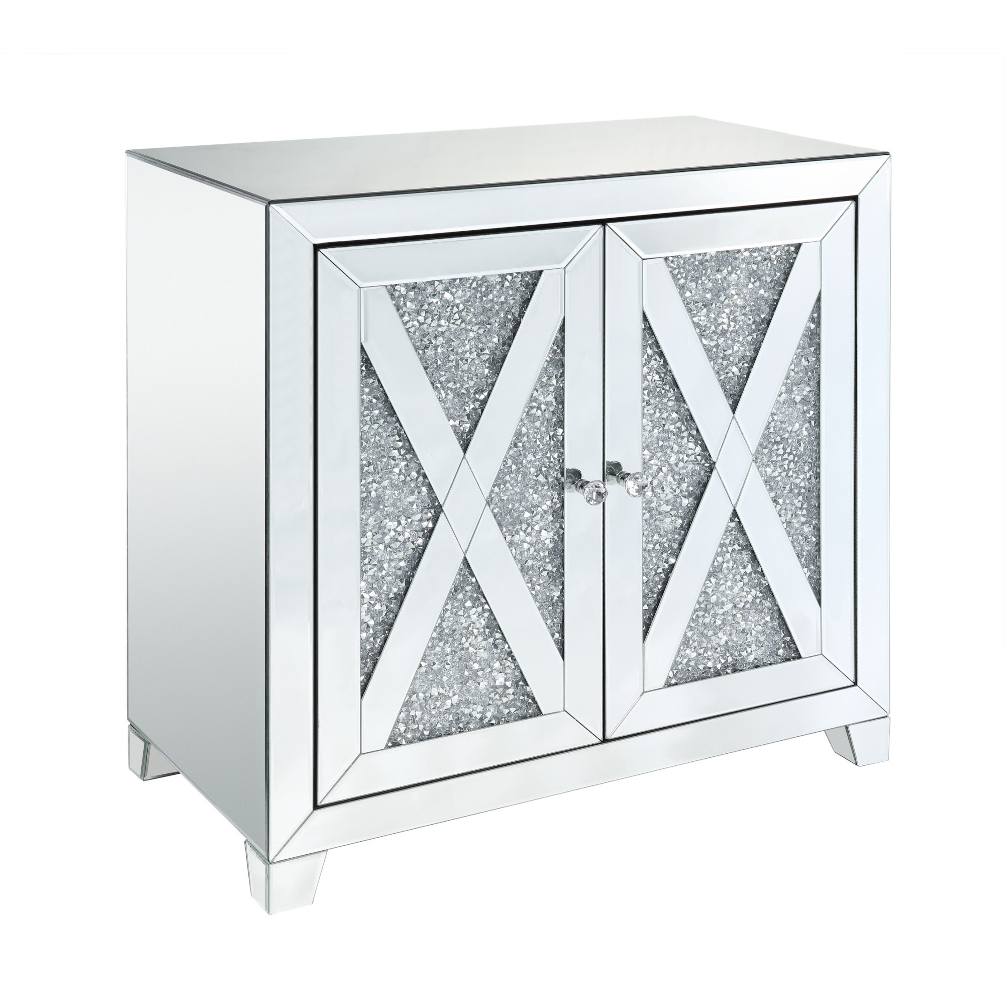 Storage Cabinet with Mirror Trim and X Shape Design, Silver