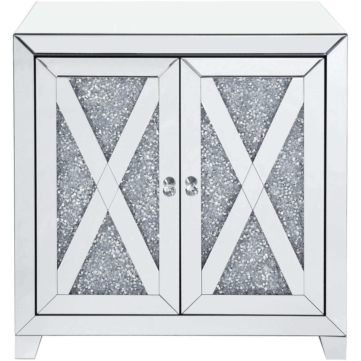 Storage Cabinet with Mirror Trim and X Shape Design, Silver