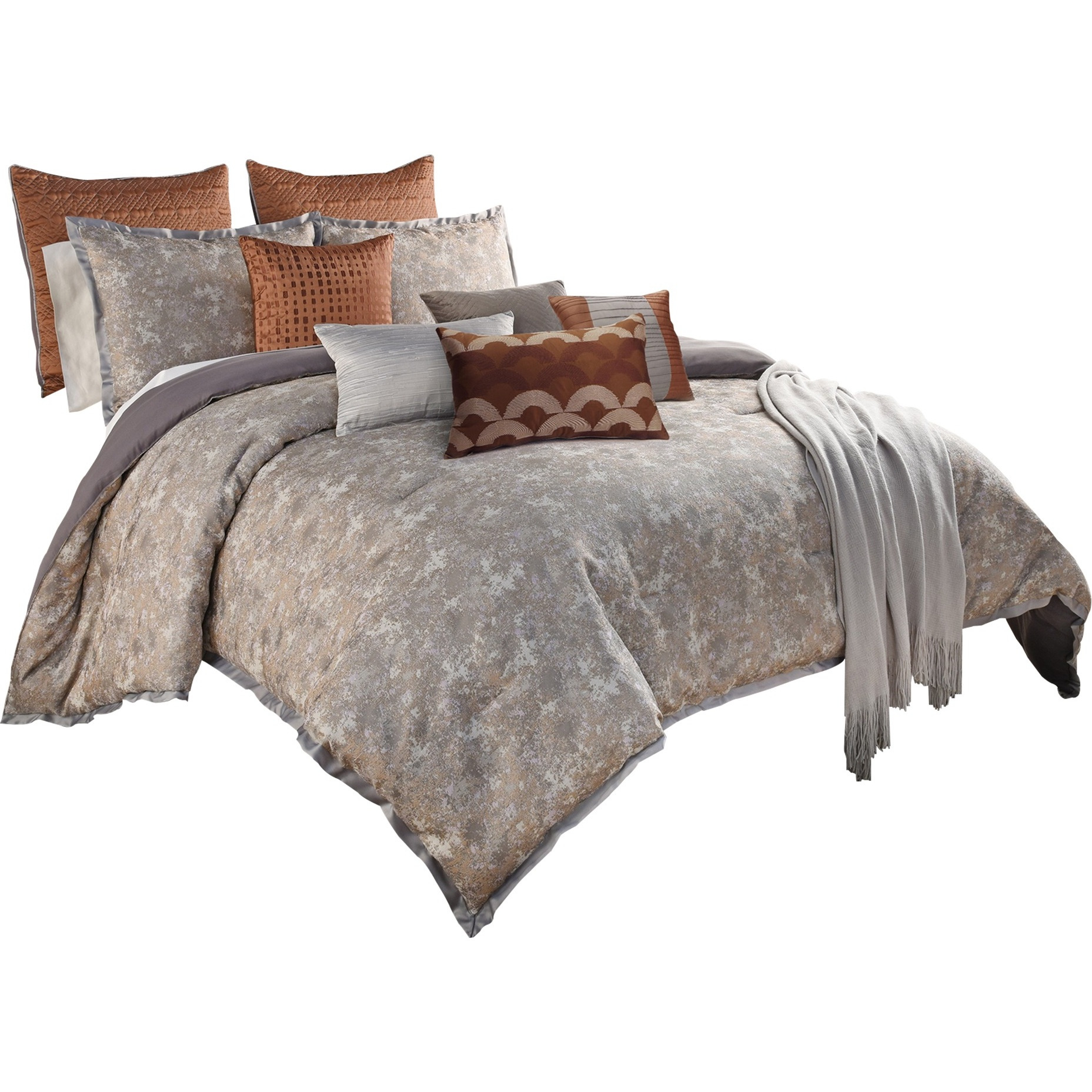 12 Piece King Polyester Comforter Set with Textured Details, Gray and Brown