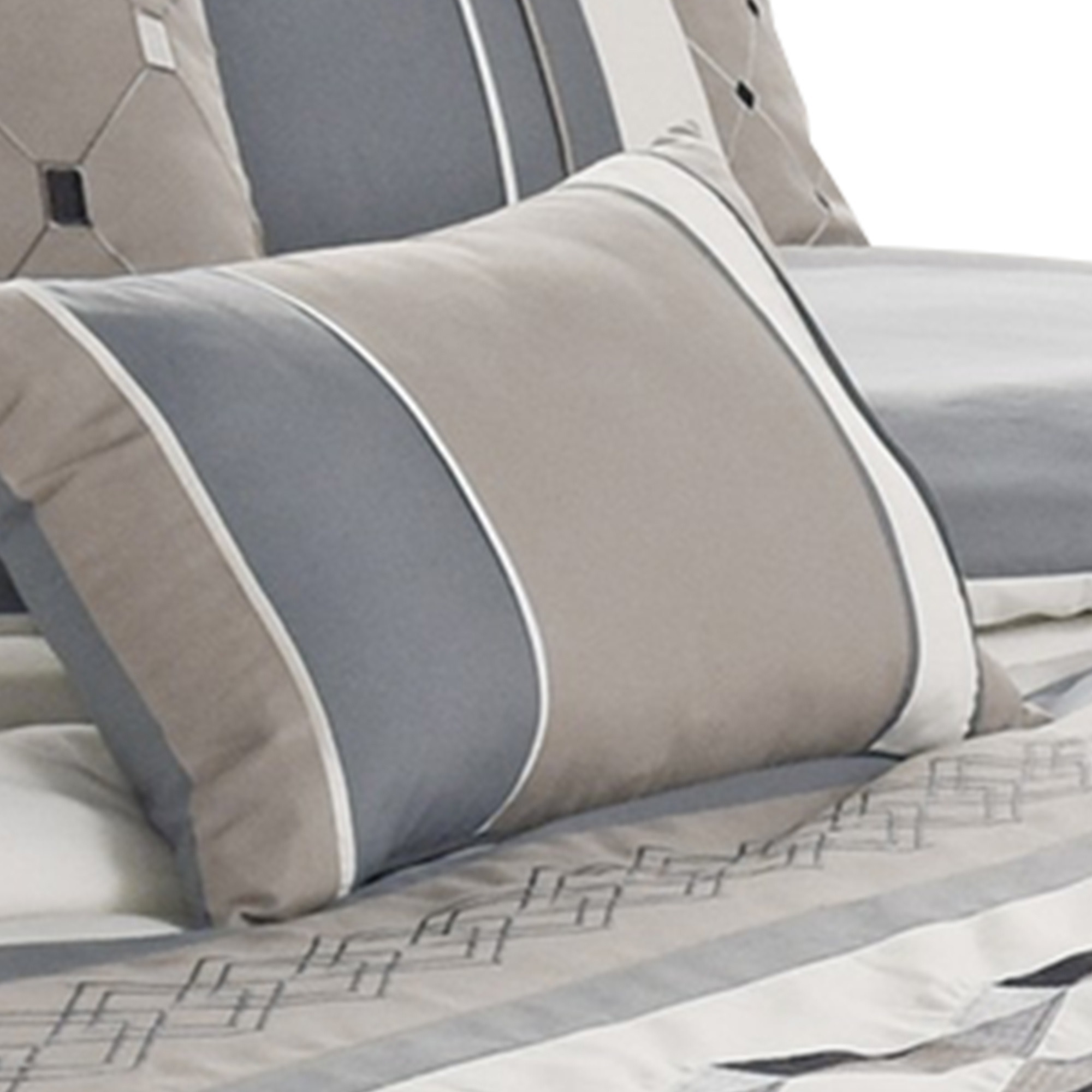 7 Piece Queen Polyester Comforter Set with Geometric Design, Blue and Gray