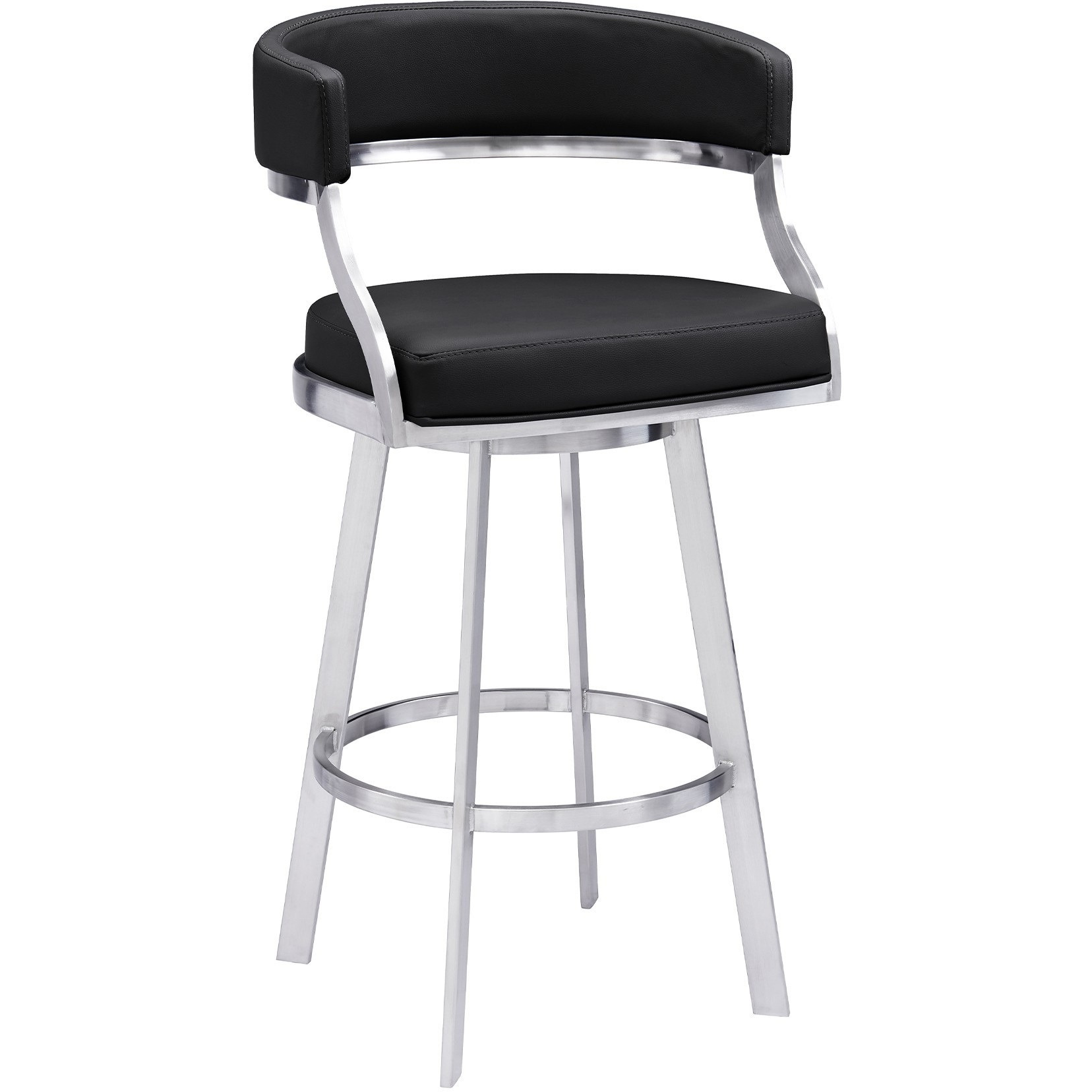 26 Inch Curved Seat Leatherette Swivel Barstool, Silver and Black