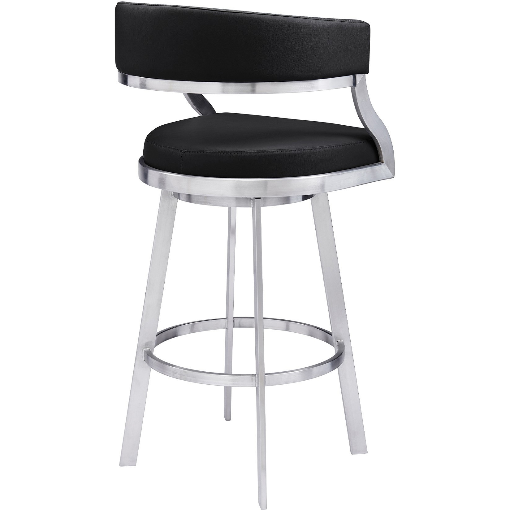 26 Inch Curved Seat Leatherette Swivel Barstool, Silver and Black