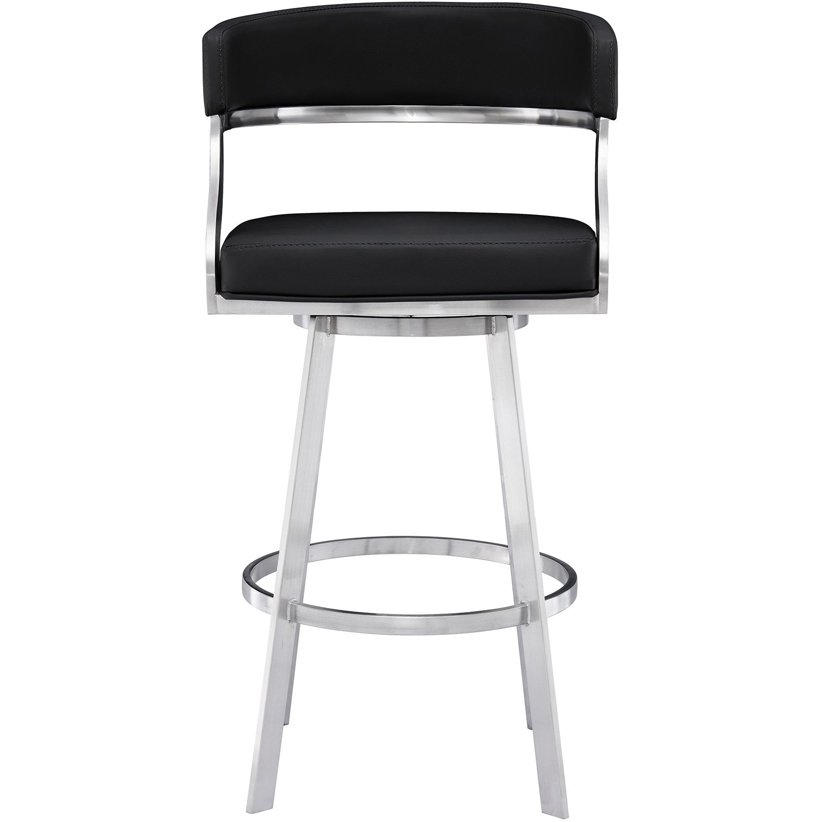 26 Inch Curved Seat Leatherette Swivel Barstool, Silver and Black