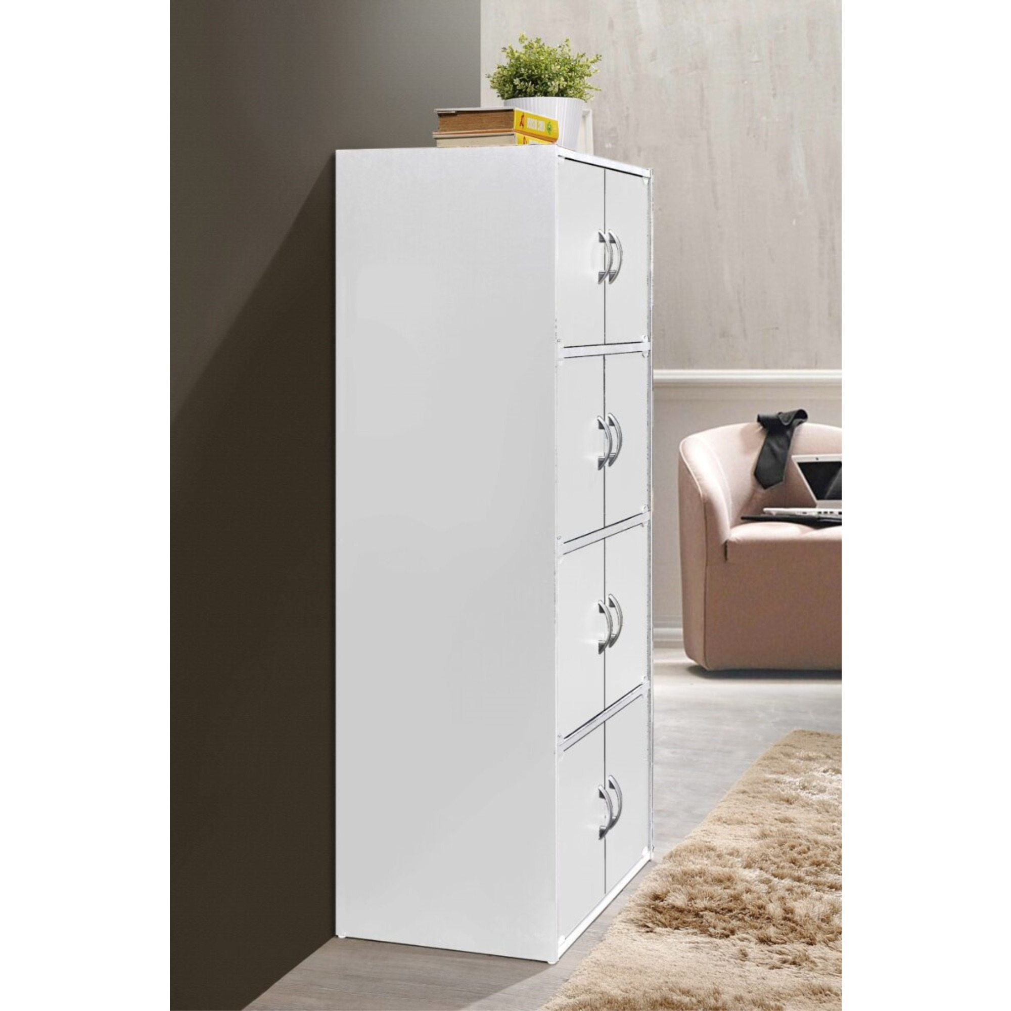 Hodedah 4-Shelf, 8-Door Bookcase Cabinet in White