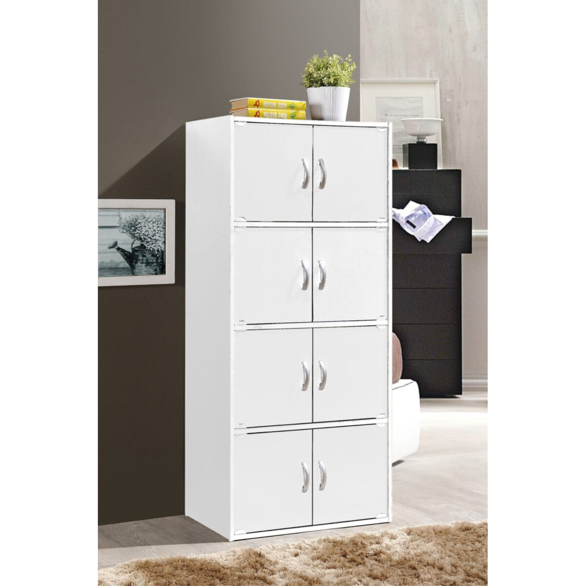 Hodedah 4-Shelf, 8-Door Bookcase Cabinet in White