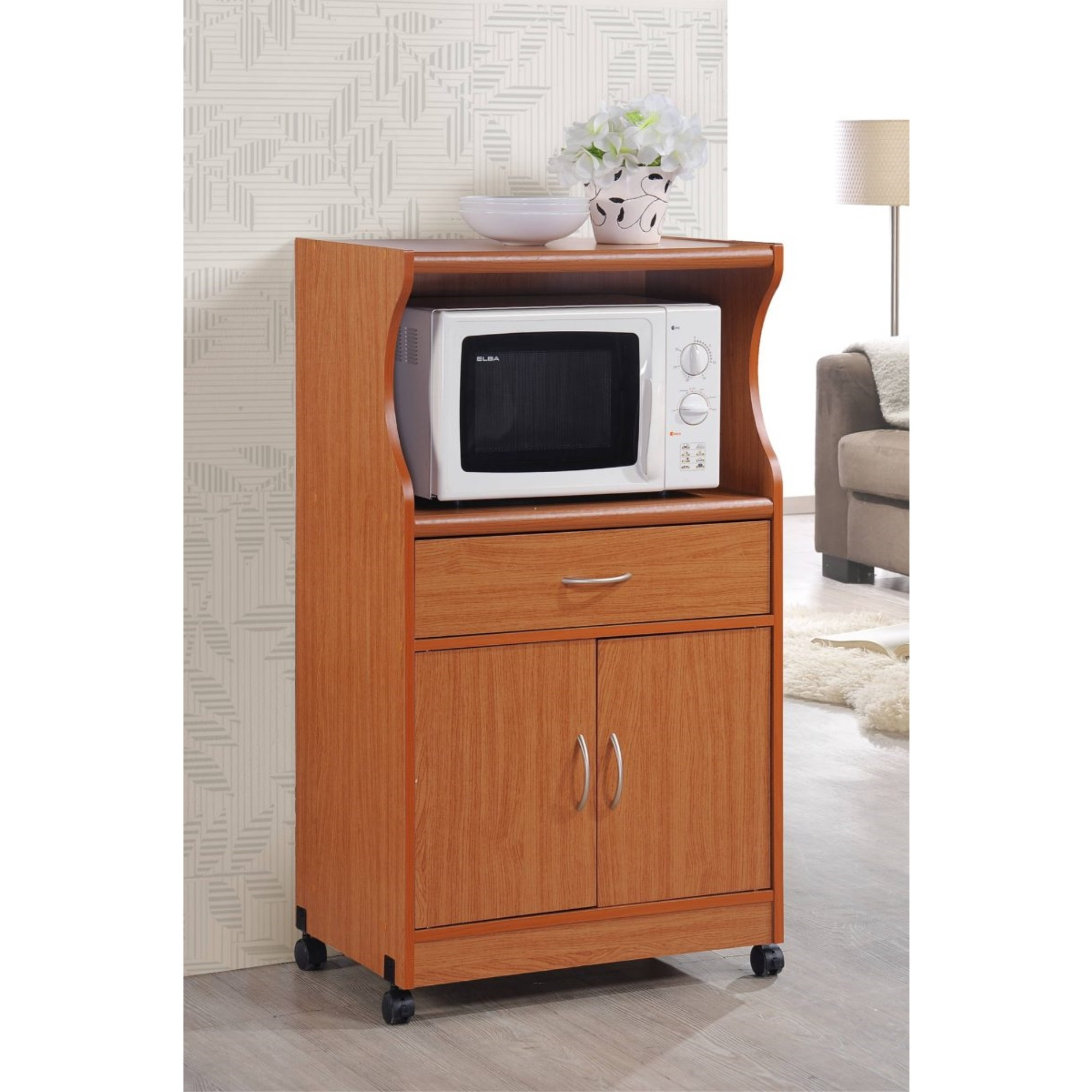 Hodedah Microwave Kitchen Cart in Cherry