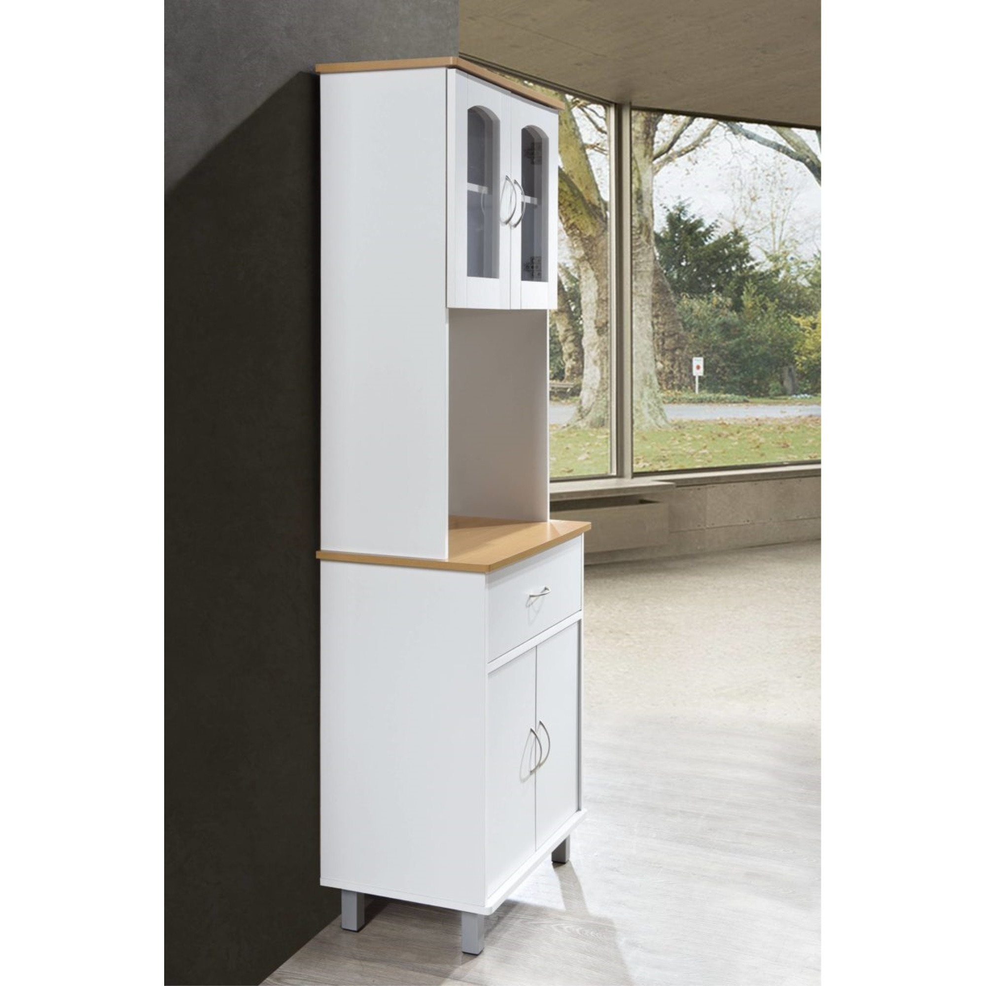 Hodedah Kitchen Cabinet with Top and Bottom Enclosed Cabinet Space, 1-Drawer, plus Large Open Space for Microwave in White