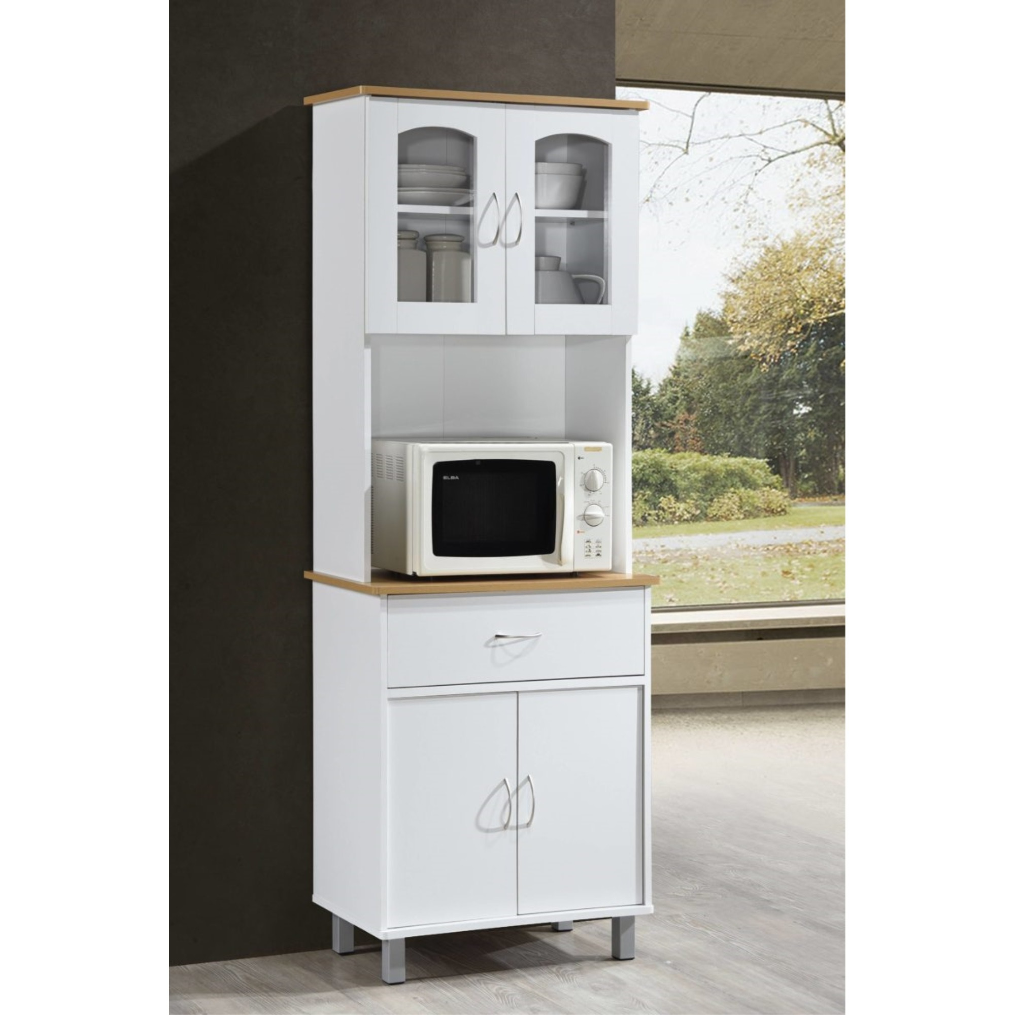 Hodedah Kitchen Cabinet with Top and Bottom Enclosed Cabinet Space, 1-Drawer, plus Large Open Space for Microwave in White