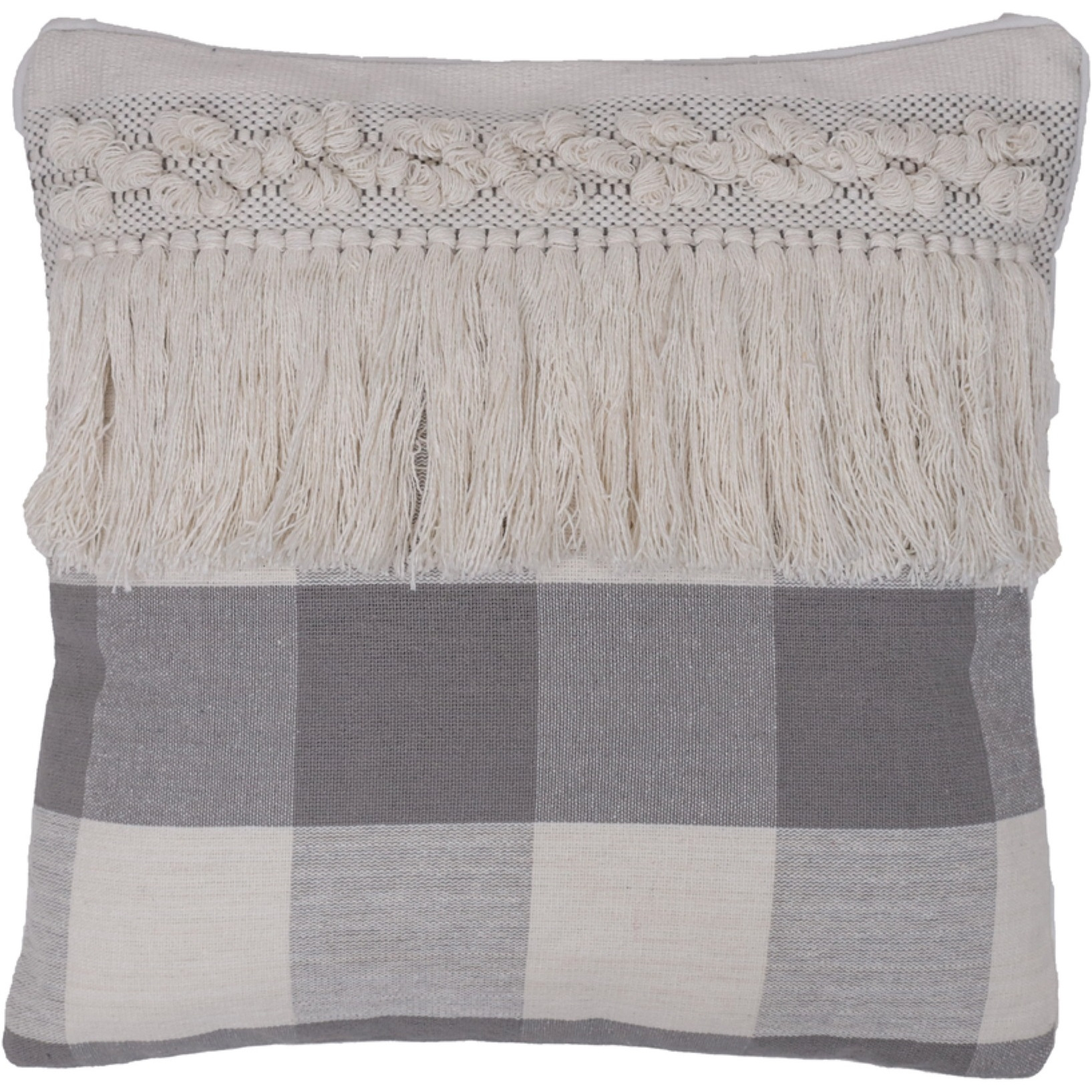 18&quotx18" Grey Plaid Fringe Cotton Pillow