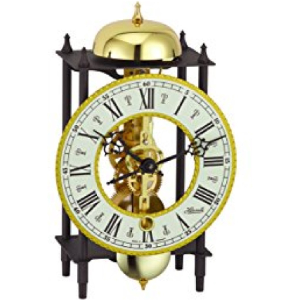 KEHL, Black and Gold Skeleton Table Clock with a Mechanical 8 Day Passing Bell Strike Movement