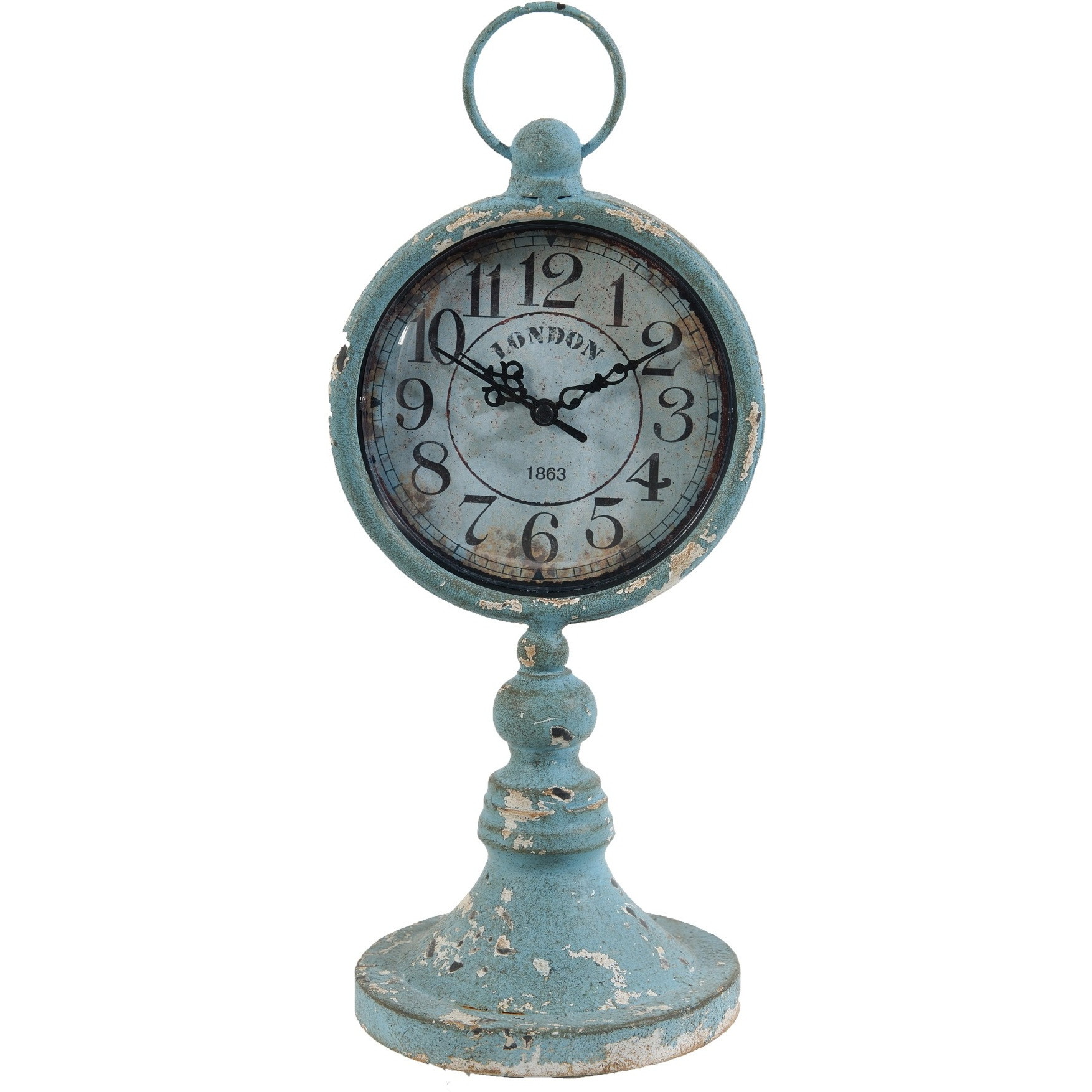 13 Inch Decorative Table Clock, Iron, Vintage Inspired Design, Aqua Blue