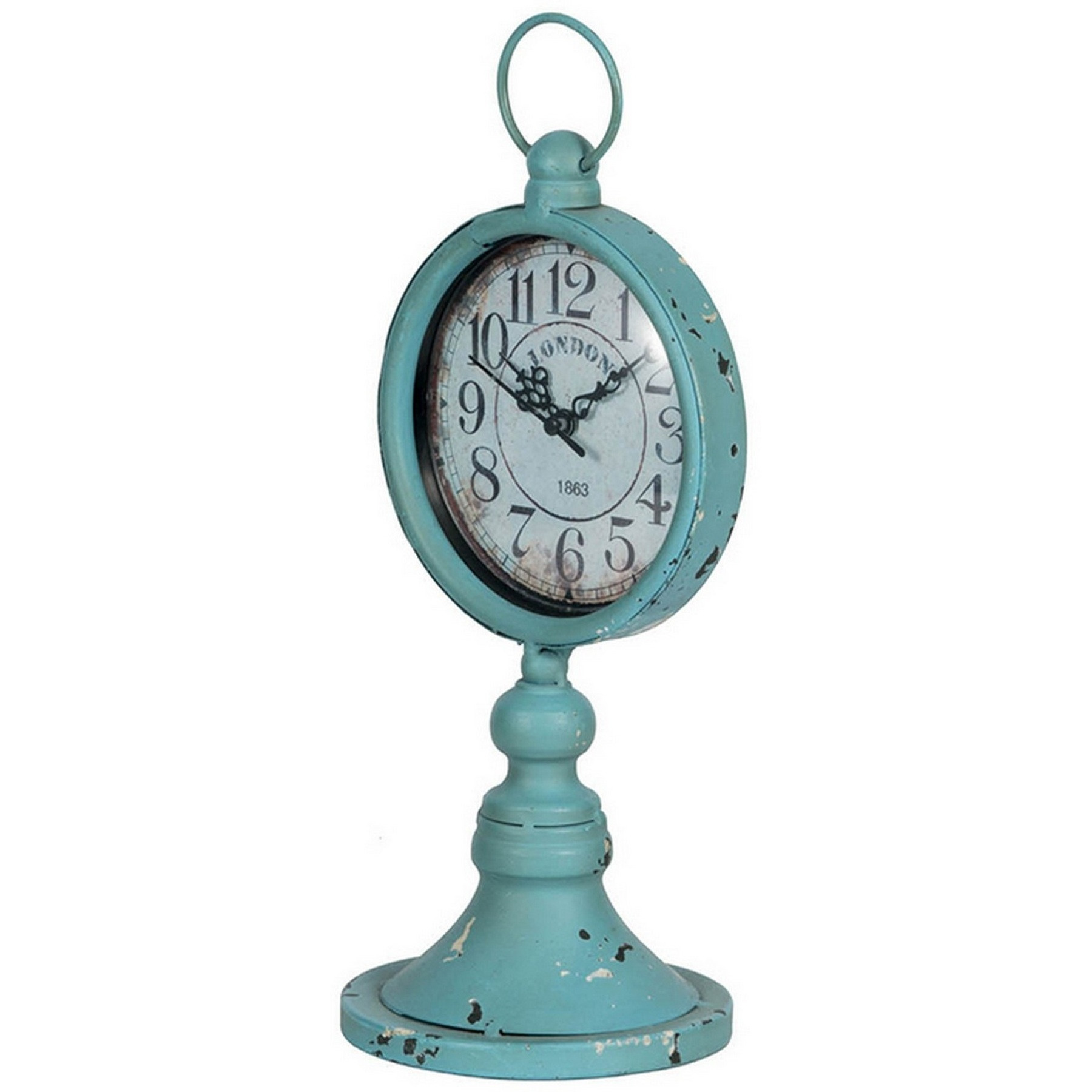 13 Inch Decorative Table Clock, Iron, Vintage Inspired Design, Aqua Blue