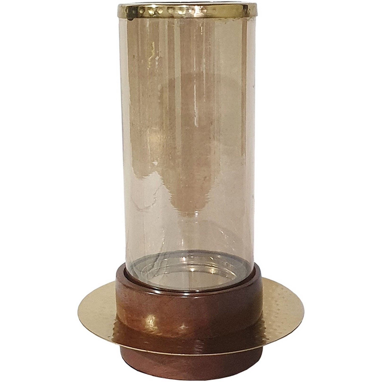 11 Inch Glass Hurricane Candle Holder, Acacia Wood, Small, Gold FInish