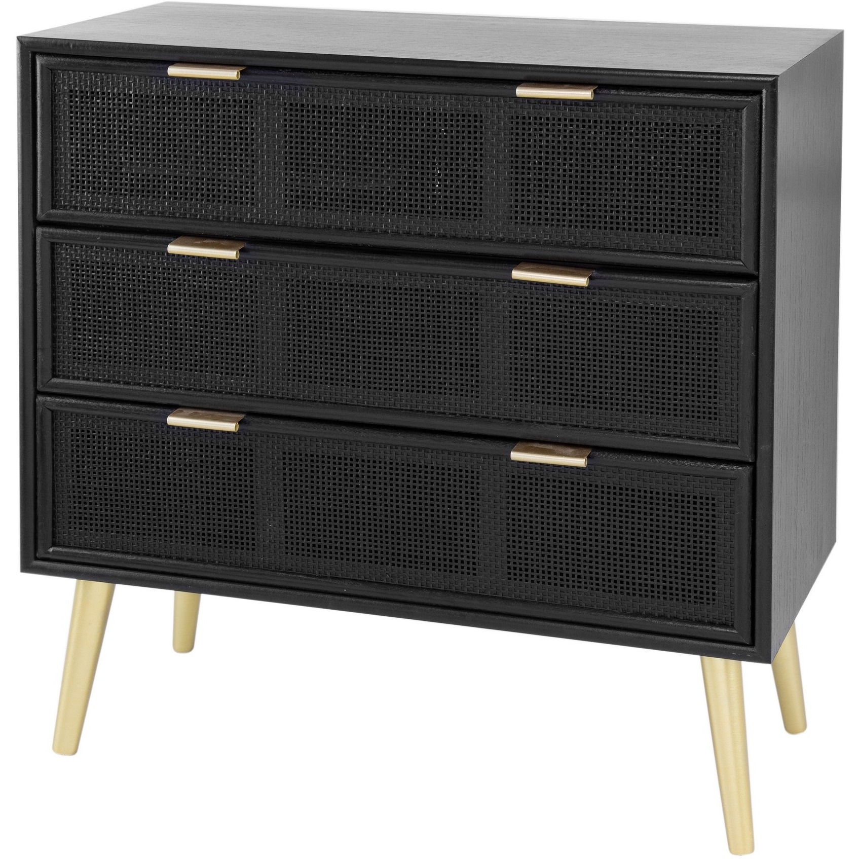 31 Inch Dresser Chest Cabinet, 3 Drawers, Woven Rattan, Modern, Black, Gold