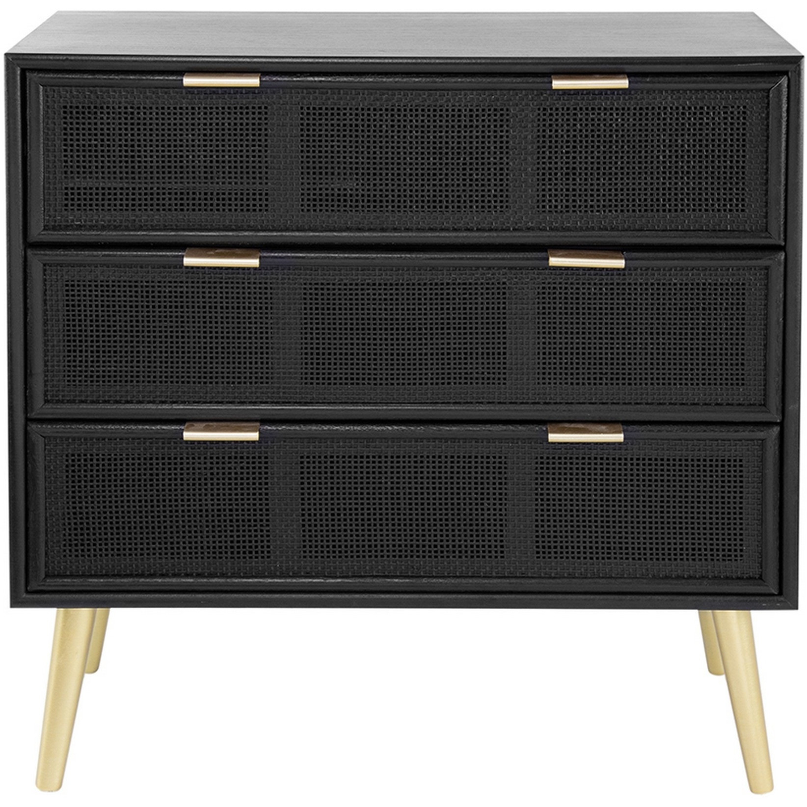 31 Inch Dresser Chest Cabinet, 3 Drawers, Woven Rattan, Modern, Black, Gold