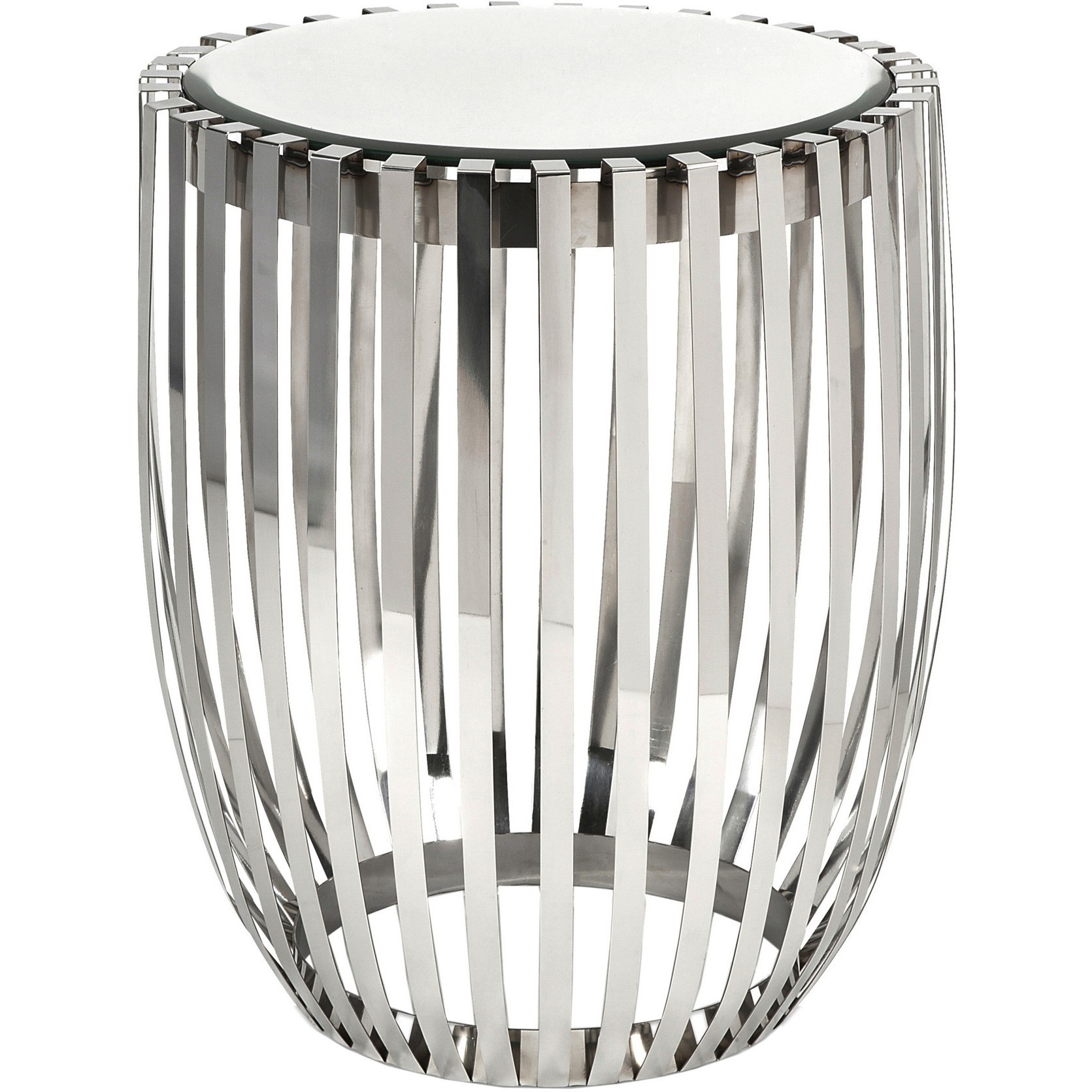 23 Inch Accent Side Table, Polished Steel Ribs, Drum, Mirrored Top, Silver