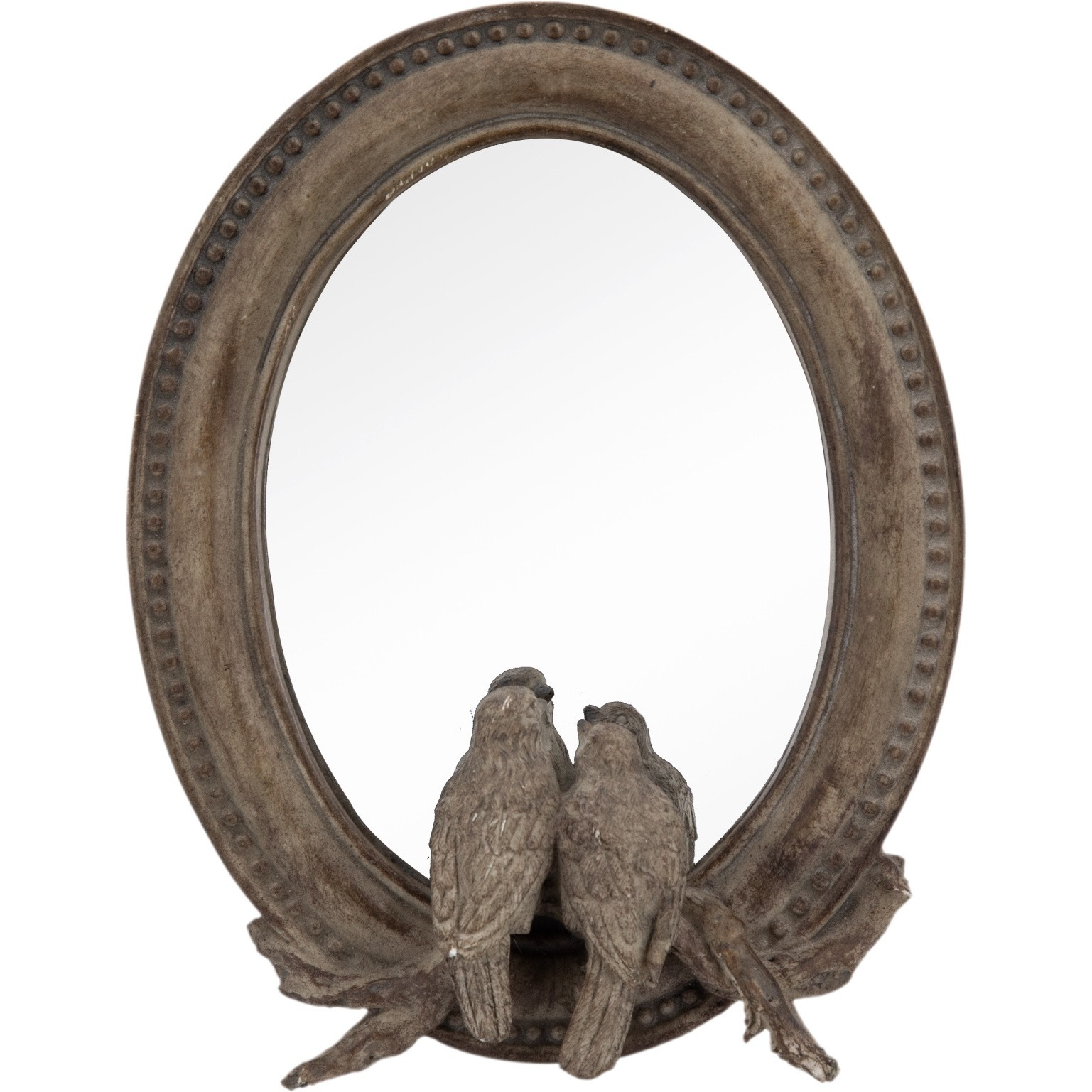 10 Inch Resin Oval Accent Table Mirror, Perched Birds, Dark Bronze