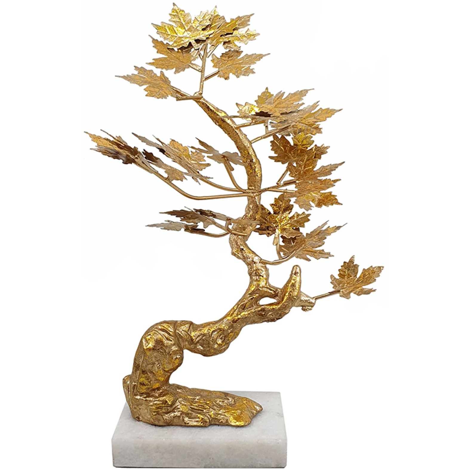 17 Inch Maple Tree Accent Decor with Leaves, Metal on a Marble Base, Gold