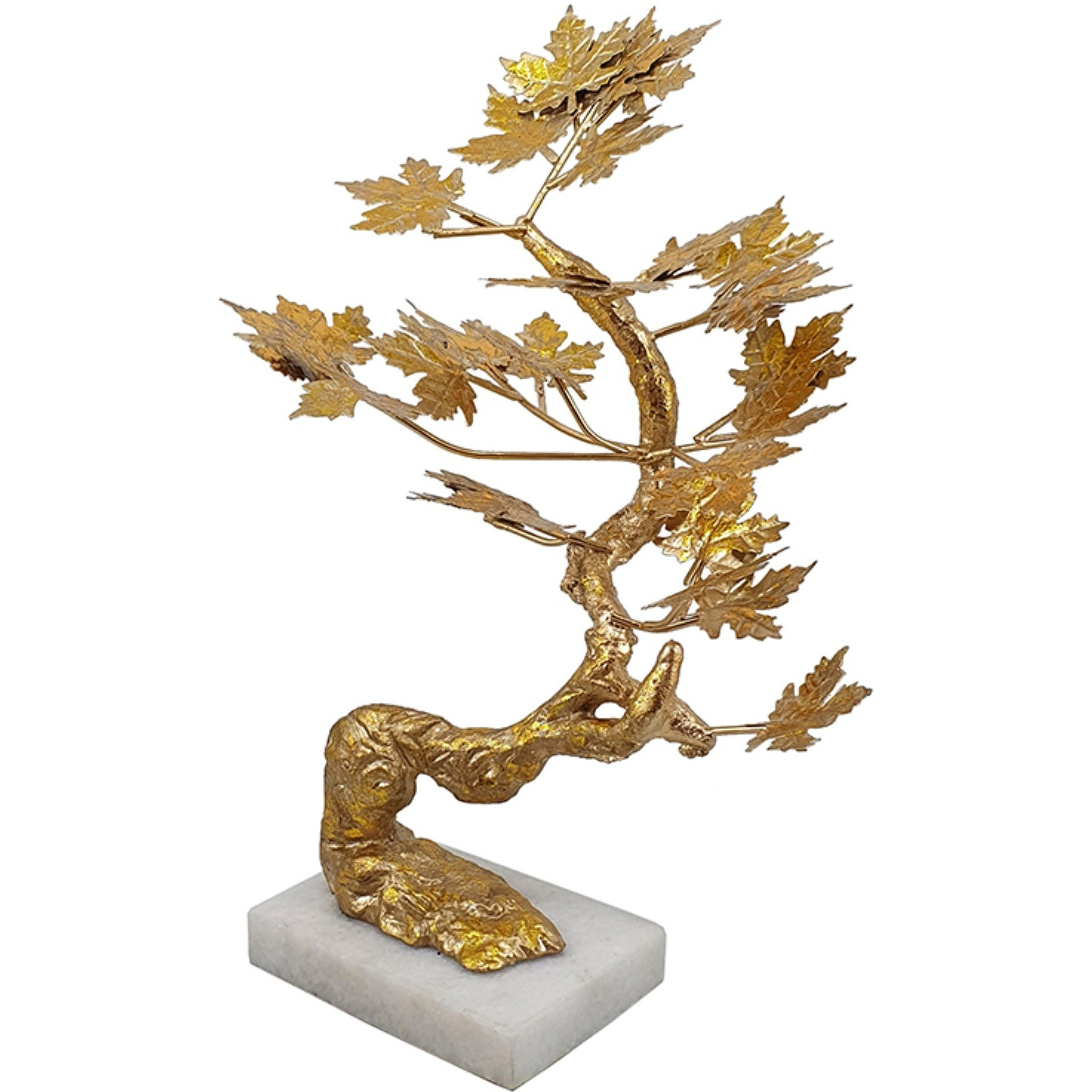 17 Inch Maple Tree Accent Decor with Leaves, Metal on a Marble Base, Gold