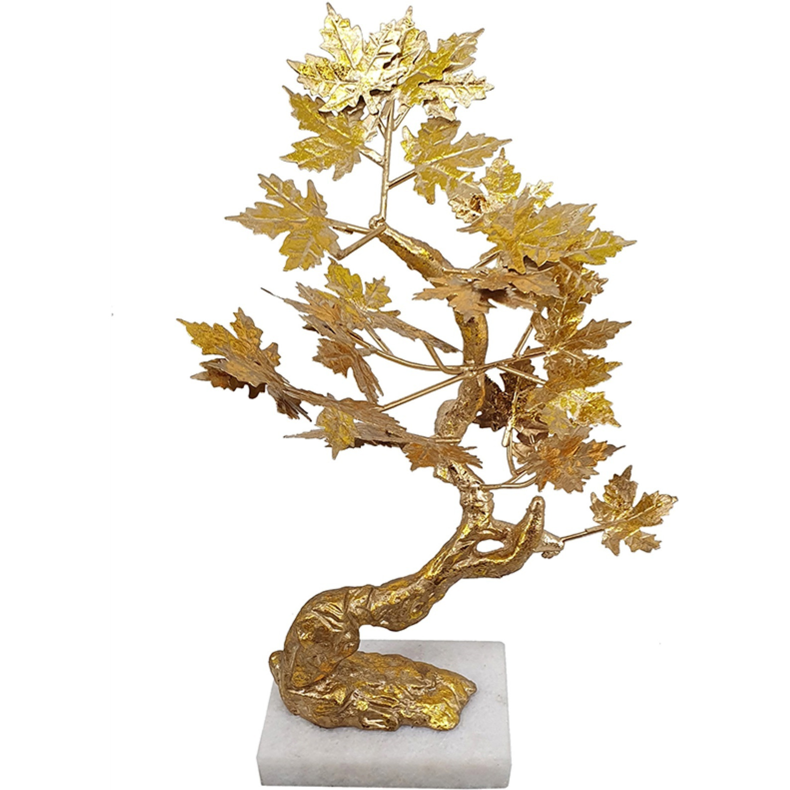 17 Inch Maple Tree Accent Decor with Leaves, Metal on a Marble Base, Gold