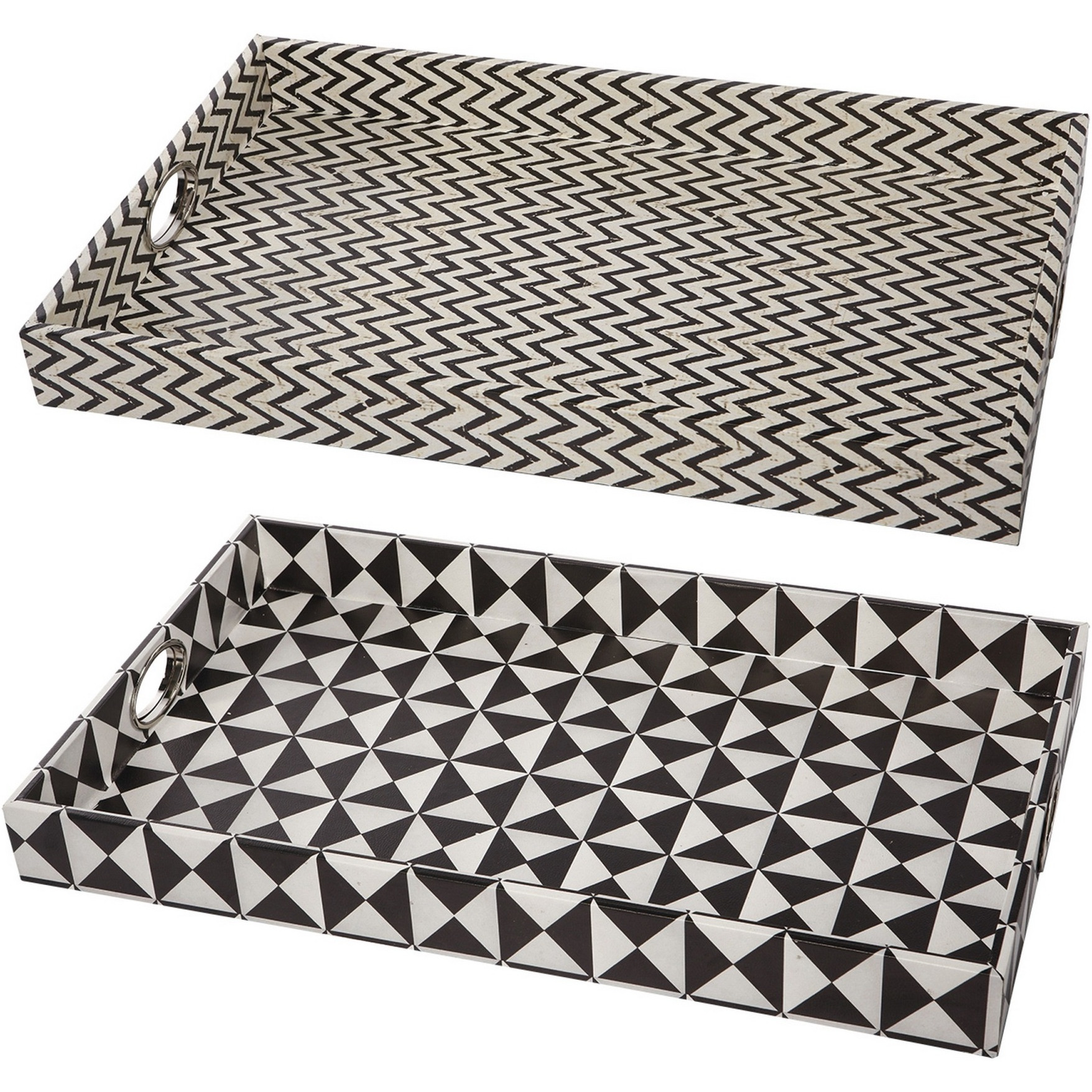 25 Inch Decorative, Black White Wood Trays, Art Deco Geometric, Set of 2