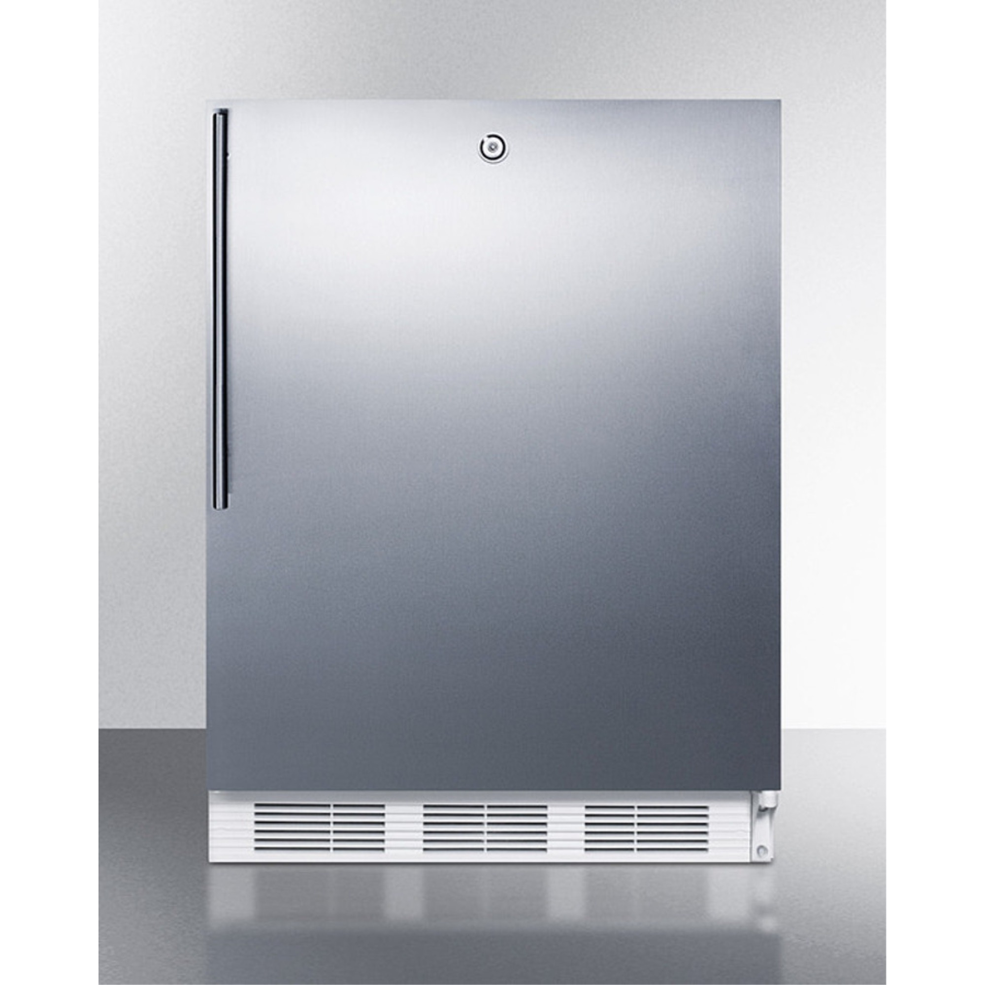 ADA compliant commercial all-refrigerator for freestanding general purpose use, auto defrost with lock, SS wrapped door, thin handle, and white cabinet