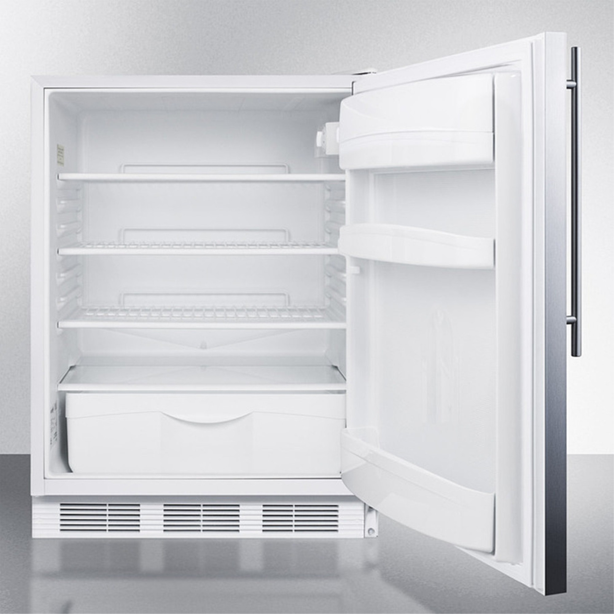 ADA compliant commercial all-refrigerator for freestanding general purpose use, auto defrost with lock, SS wrapped door, thin handle, and white cabinet