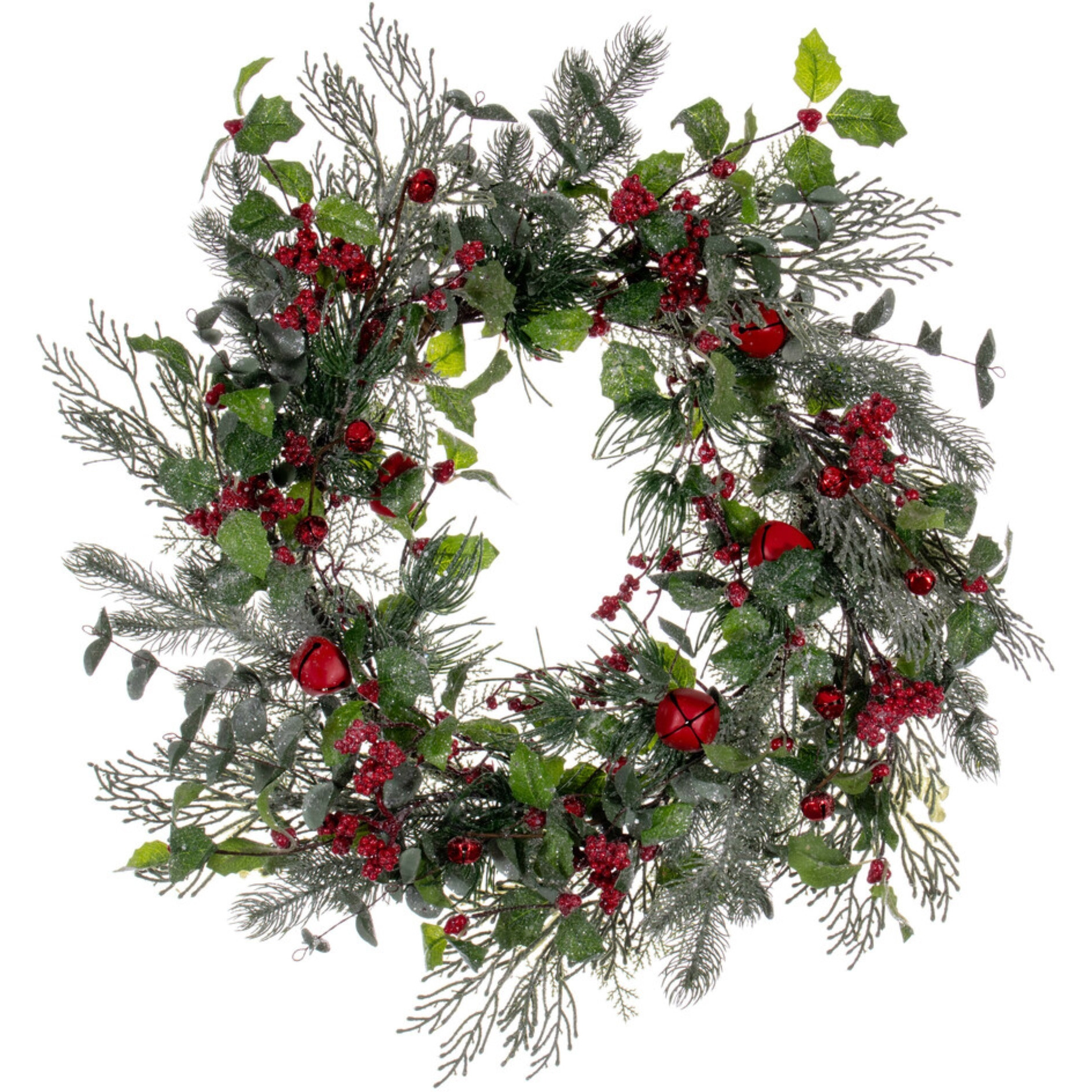 24" Grn Holly/Pine Red Jngle Bell Wreath