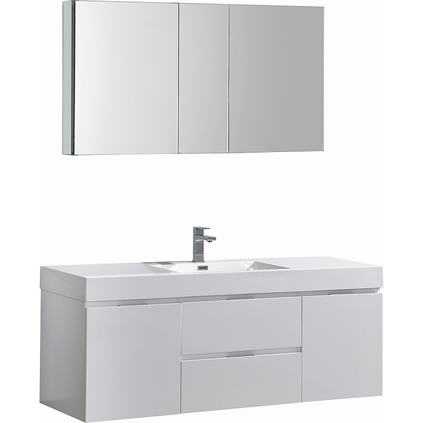 Fresca Valencia 60" Glossy White Wall Hung Modern Bathroom Vanity w/ Medicine Cabinet