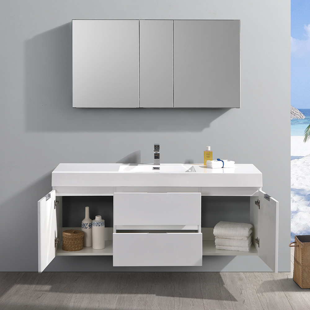 Fresca Valencia 60" Glossy White Wall Hung Modern Bathroom Vanity w/ Medicine Cabinet