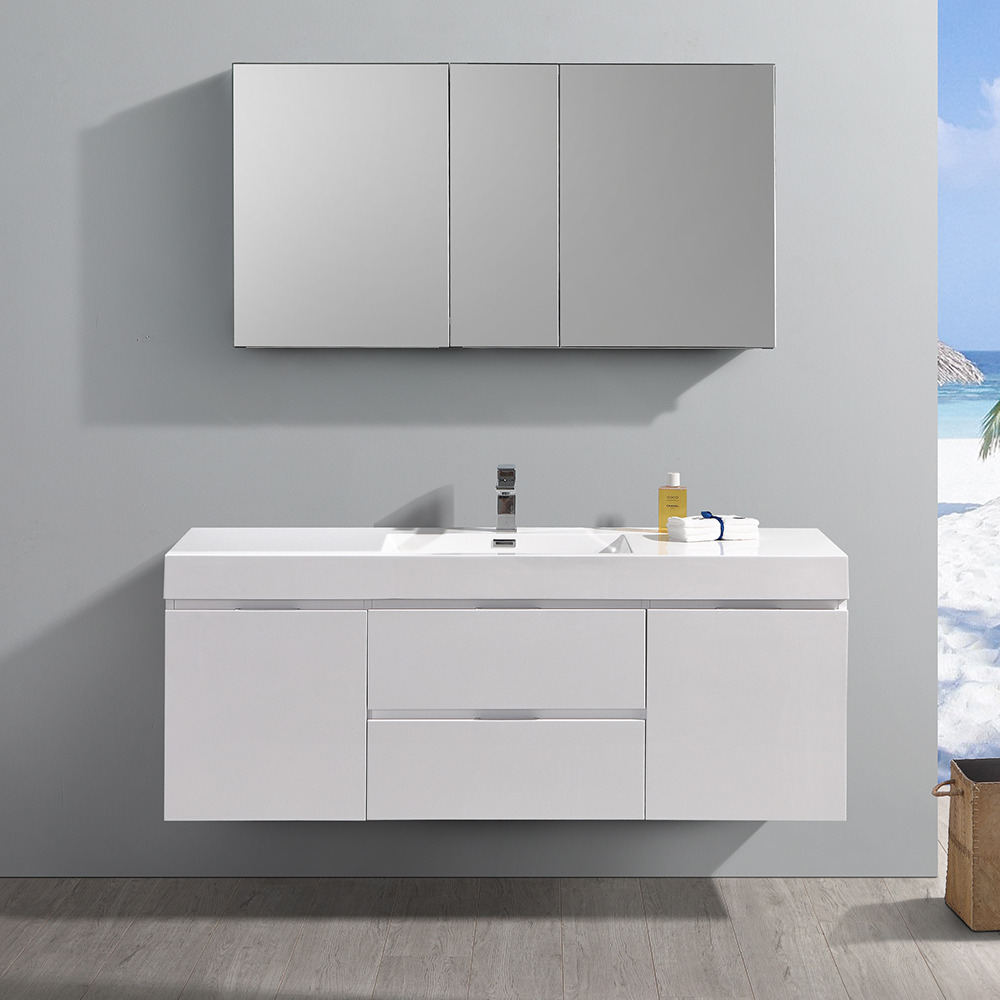 Fresca Valencia 60" Glossy White Wall Hung Modern Bathroom Vanity w/ Medicine Cabinet