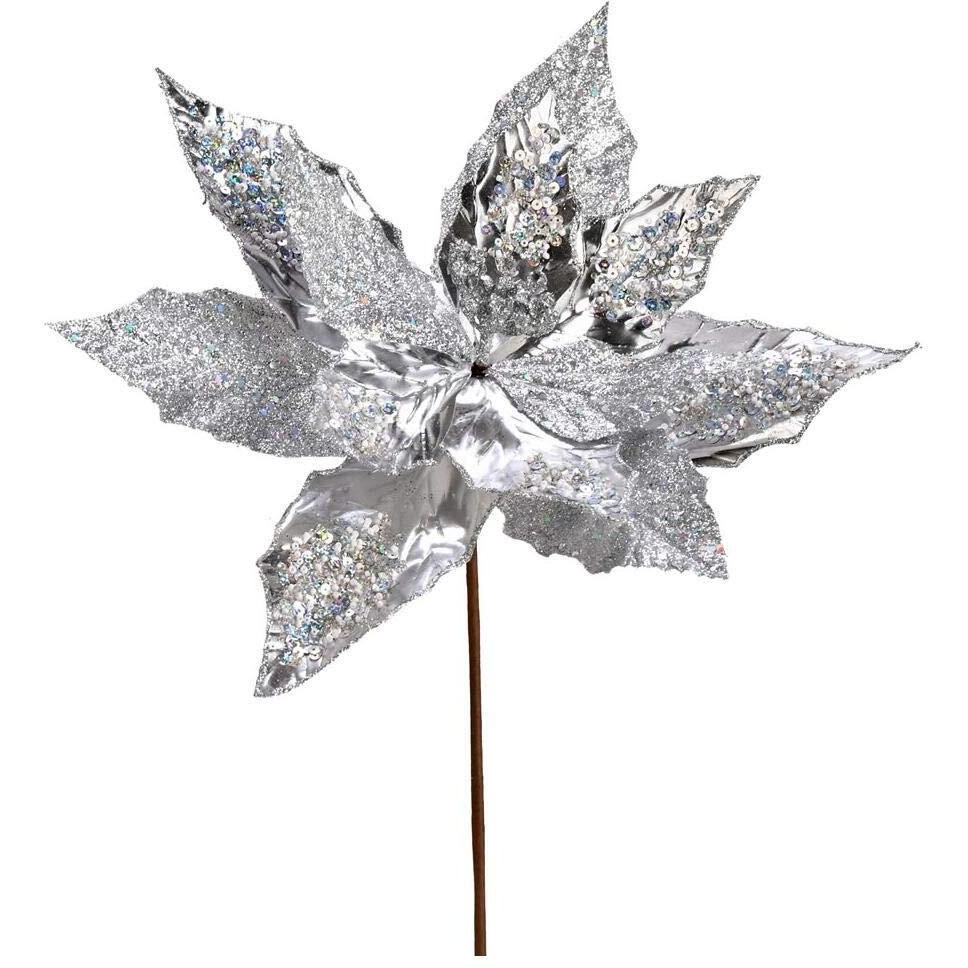 Vickerman 13" Silver Poinsettia Sequin Spray 6/Bag - QG191107