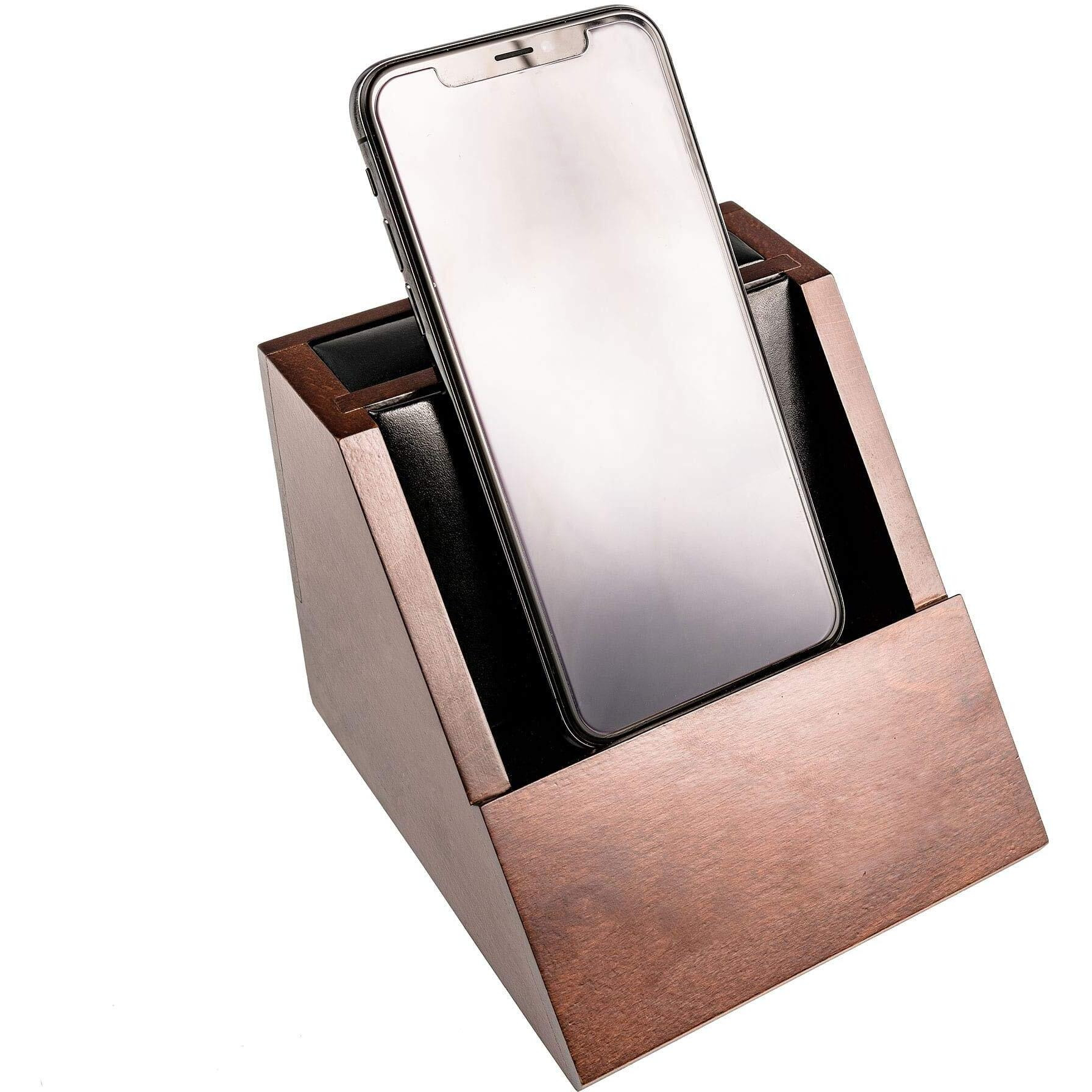 Walnut and Leather Desktop Cell Phone Holder