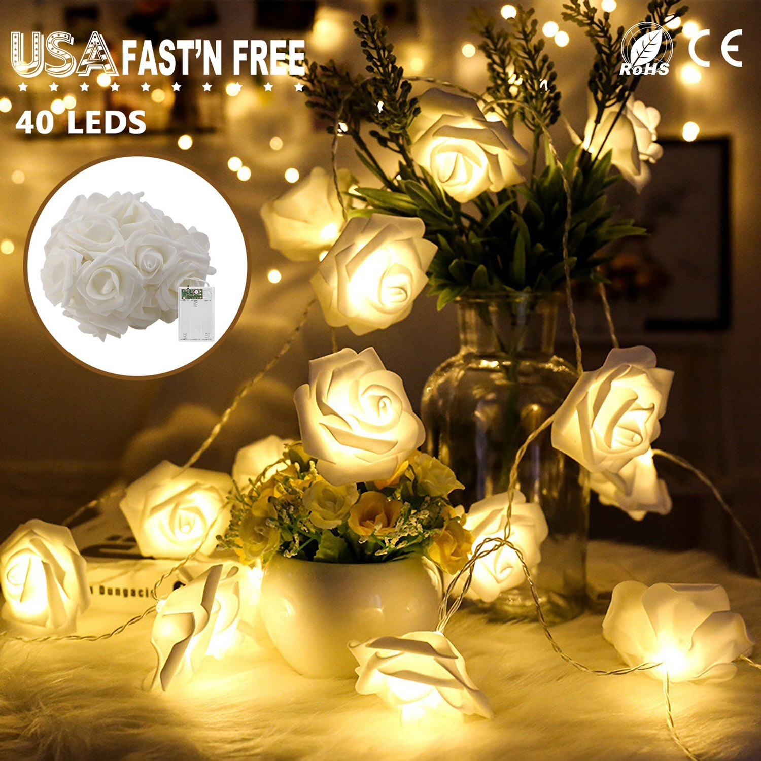 40 LEDs Rose Flower String Lights 10ft/3m Battery Operated Decorative Lights for Anniversary Valentine's Wedding Bedroom