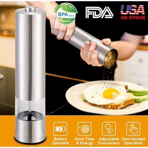 Electric Salt Pepper Grinder with Light Adjustable Coarseness Stainless Steel Salt Pepper Shaker Battery Operated Pepper Grinder Mill Easy Refill and Clean