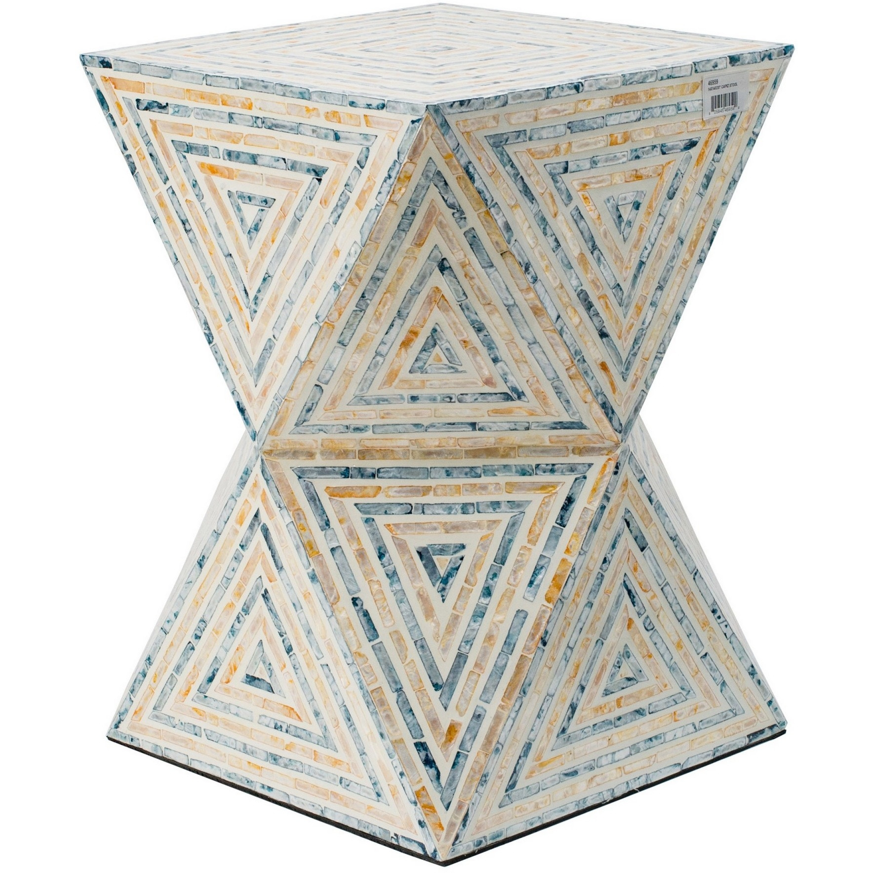 20 Inch Capiz Accent Stool Table, Hourglass Triangular, Off White Ivory