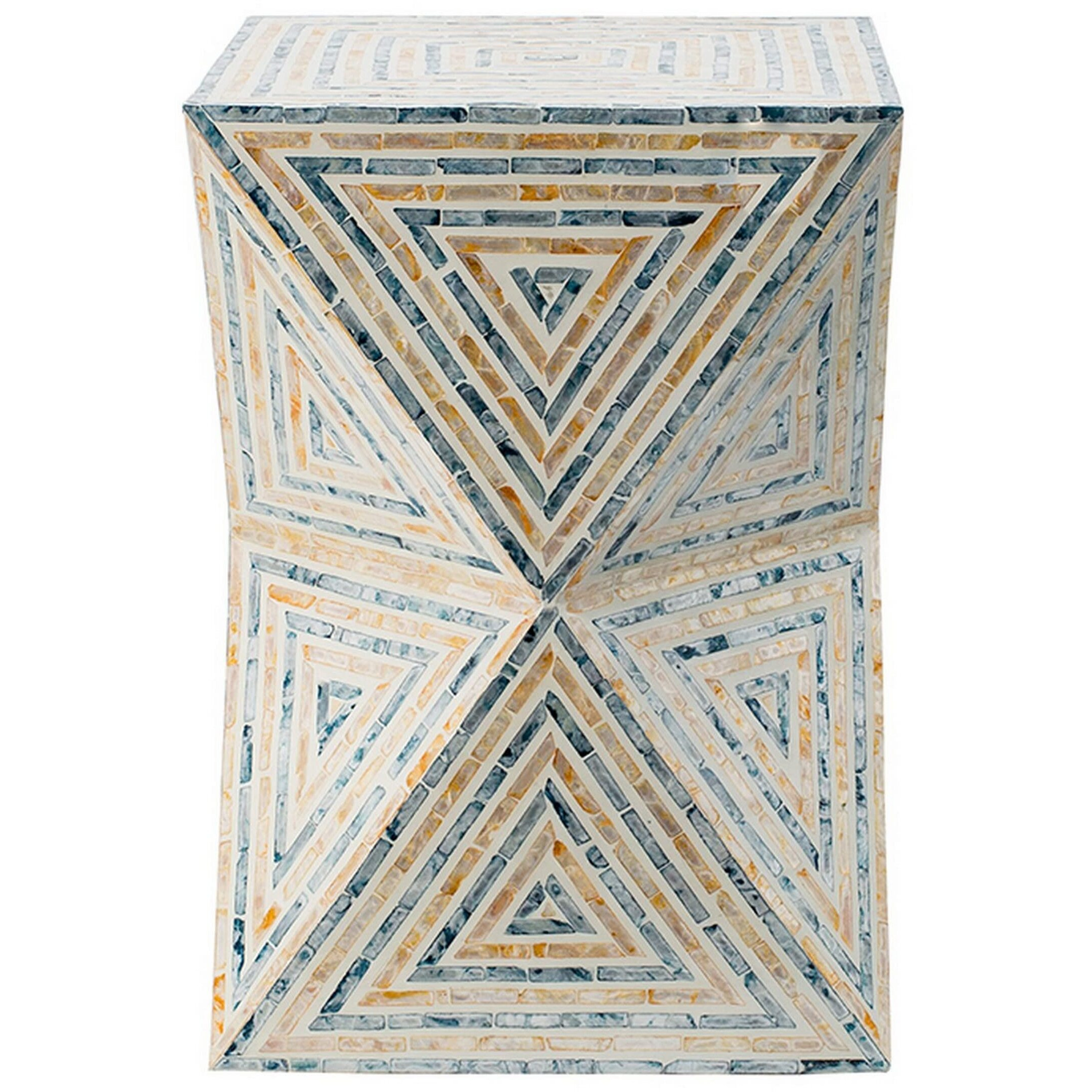 20 Inch Capiz Accent Stool Table, Hourglass Triangular, Off White Ivory