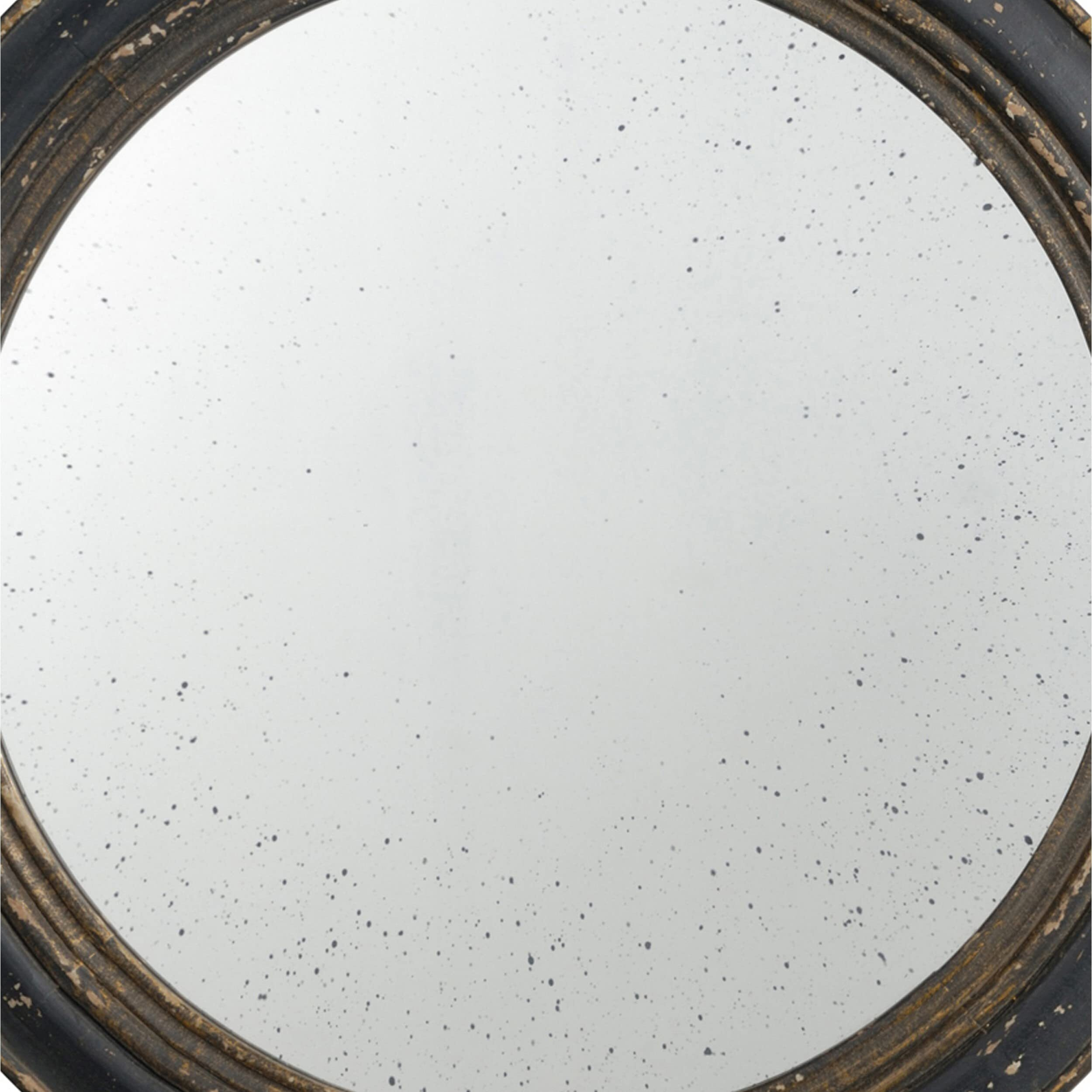 24 Inch Round Wall Mount Mirror, Molded Trim Wood Frame, Distressed Brown