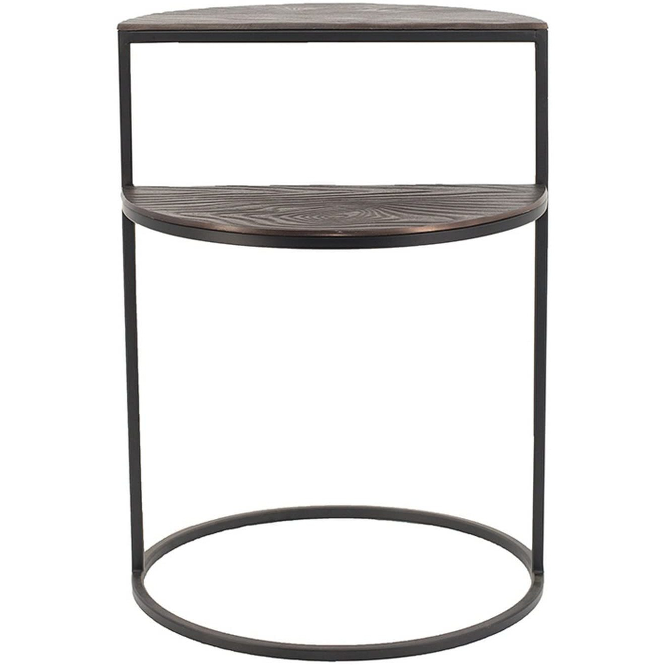 22 Inch Modern Metal Round Accent Table, 2 Half Circle Shelves, Wood, Brown