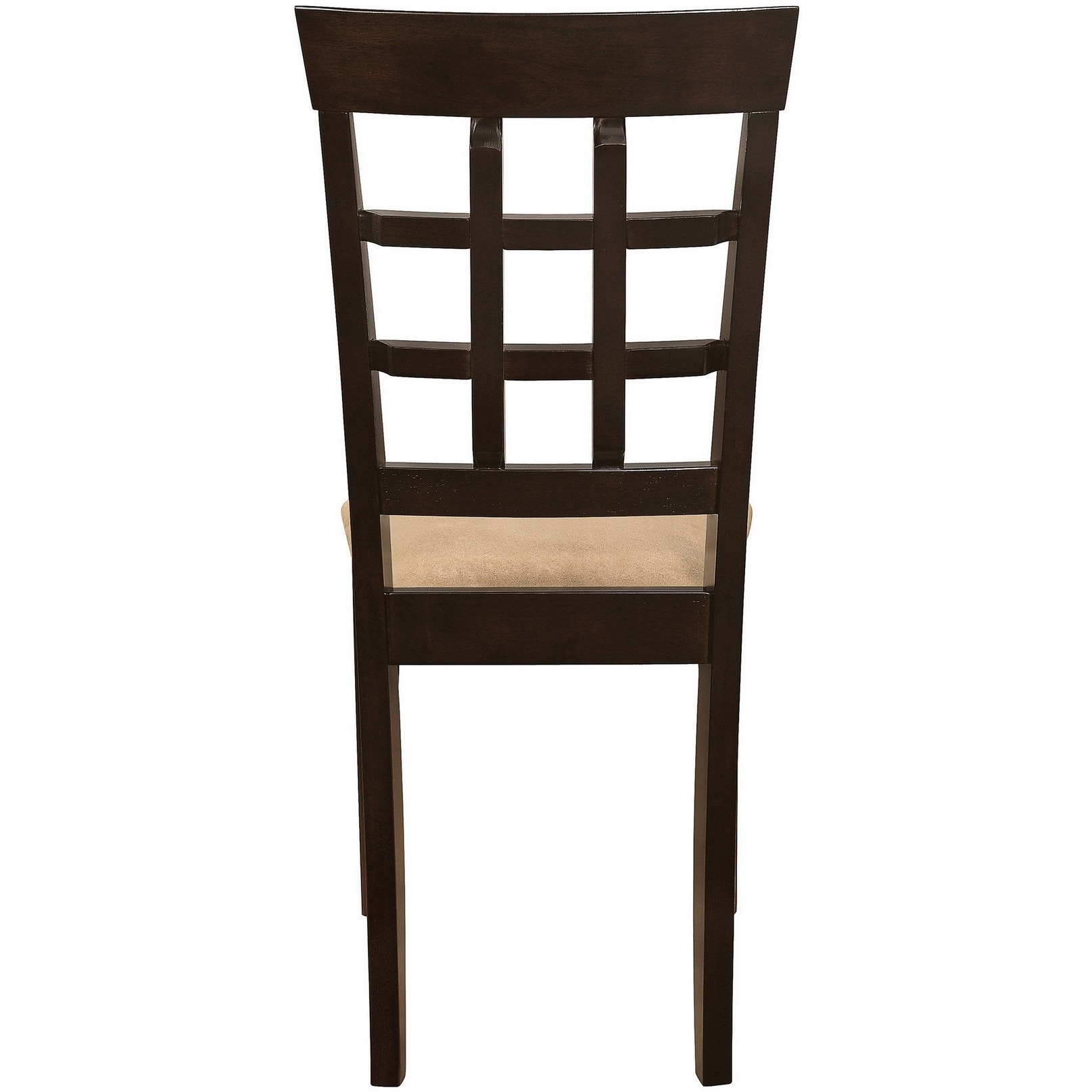 17 Inch Side Dining Chair, Set of 2, Lattice Back Brown Wood, Tan Fabric