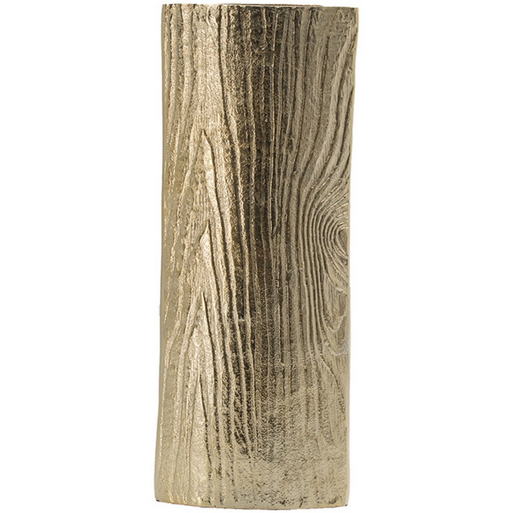 15 Inch Modern Vase, Naturalistic Tree Trunk Texture, Shiny Gold Finish