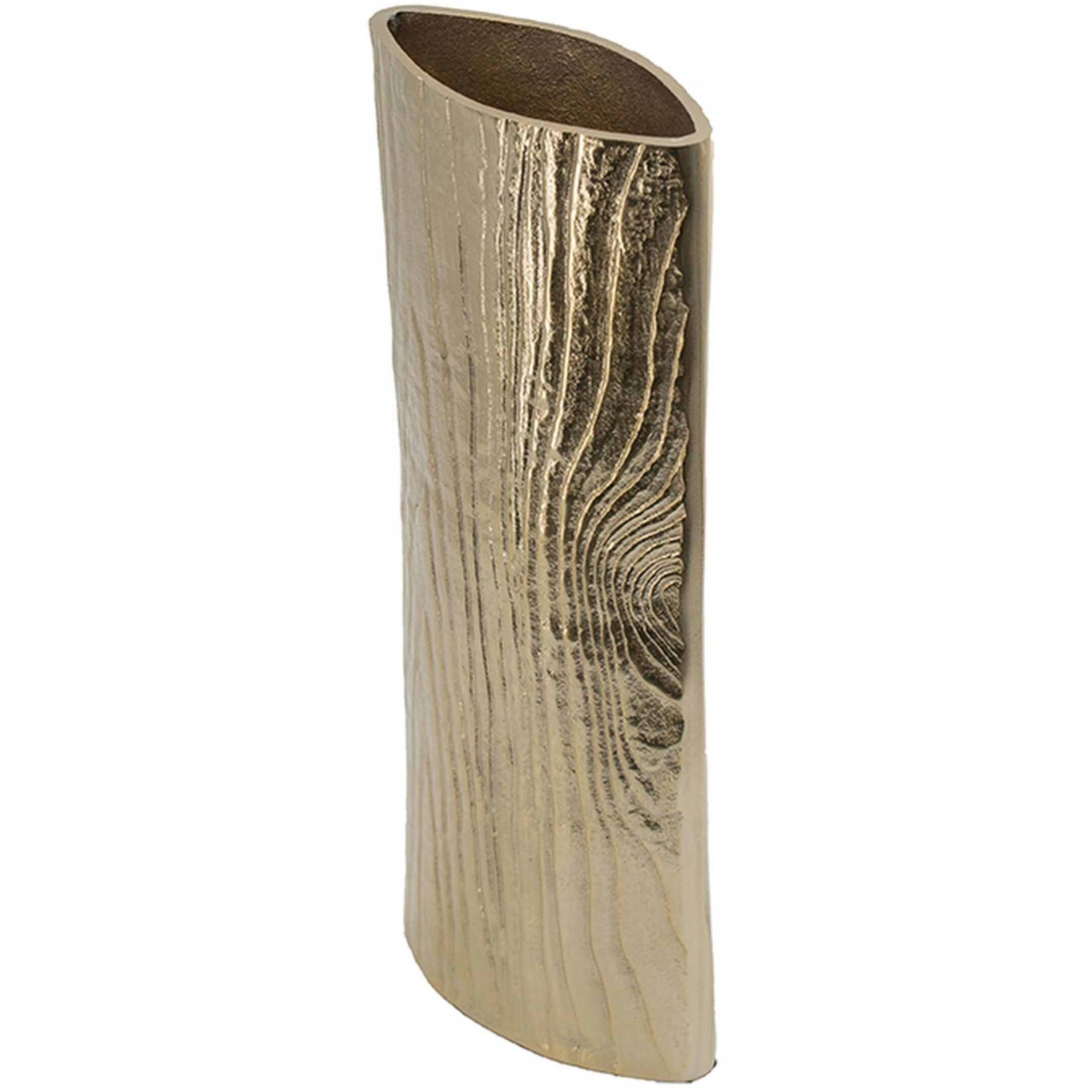 15 Inch Modern Vase, Naturalistic Tree Trunk Texture, Shiny Gold Finish