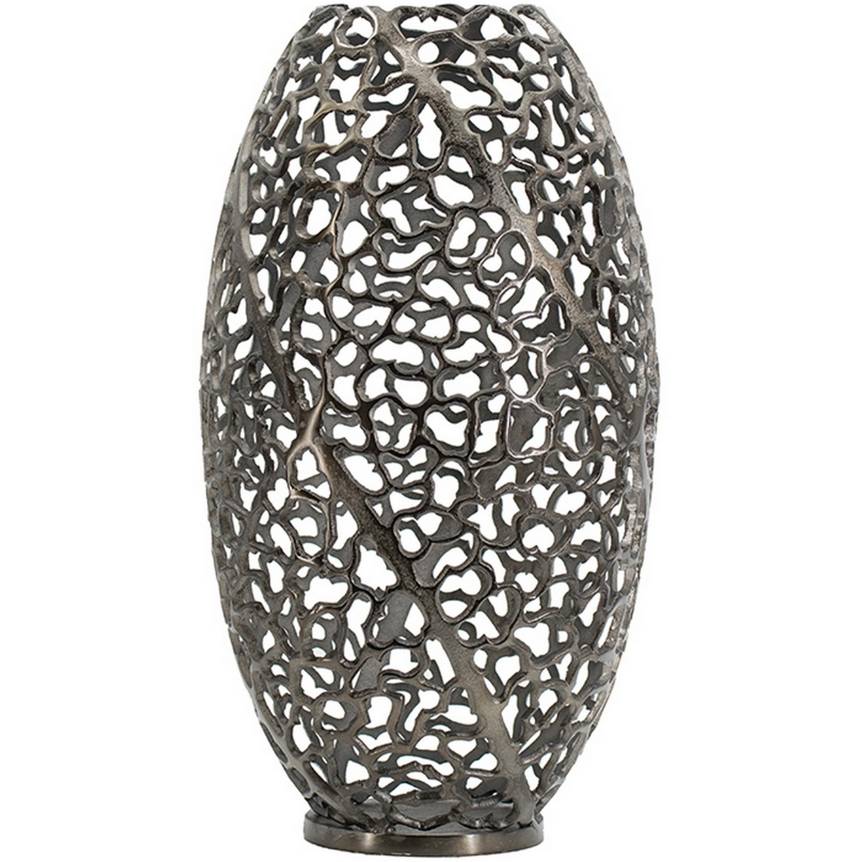 14 Inch Aluminum Accent Vase, Tall Curved Cut Out Design, Intricate Details